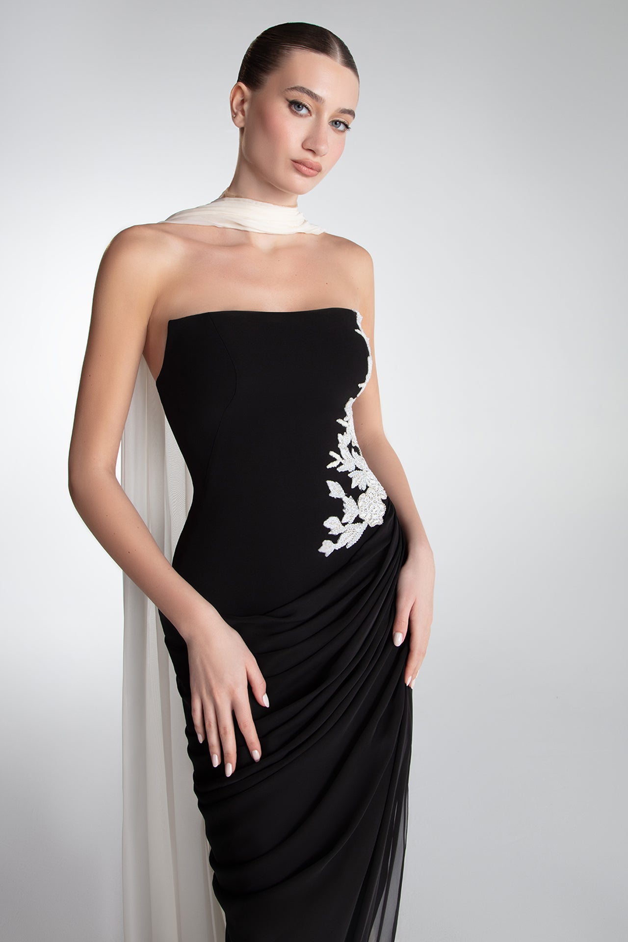Strapless Draped Gown With Cape Scarf