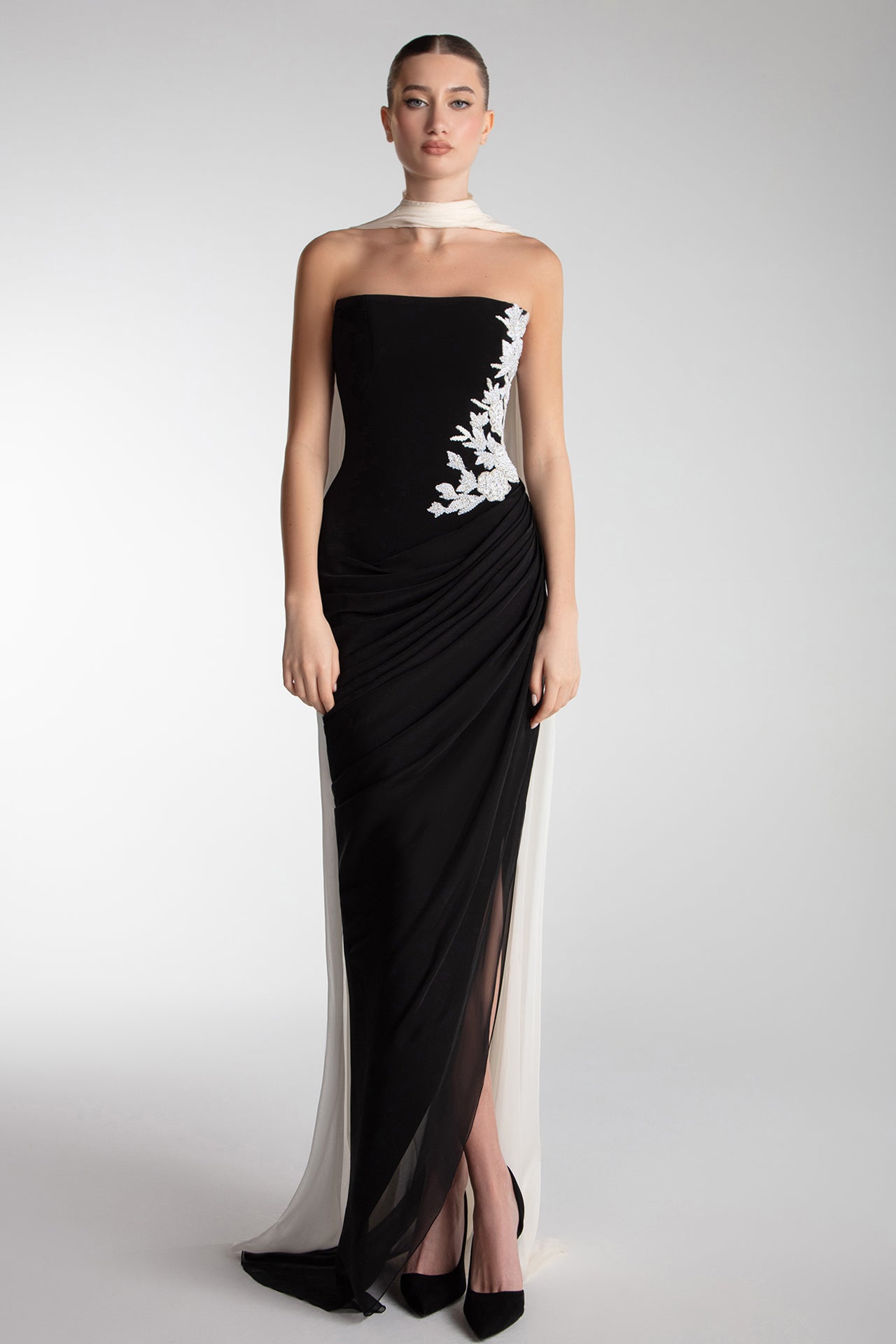 Strapless Draped Gown With Cape Scarf