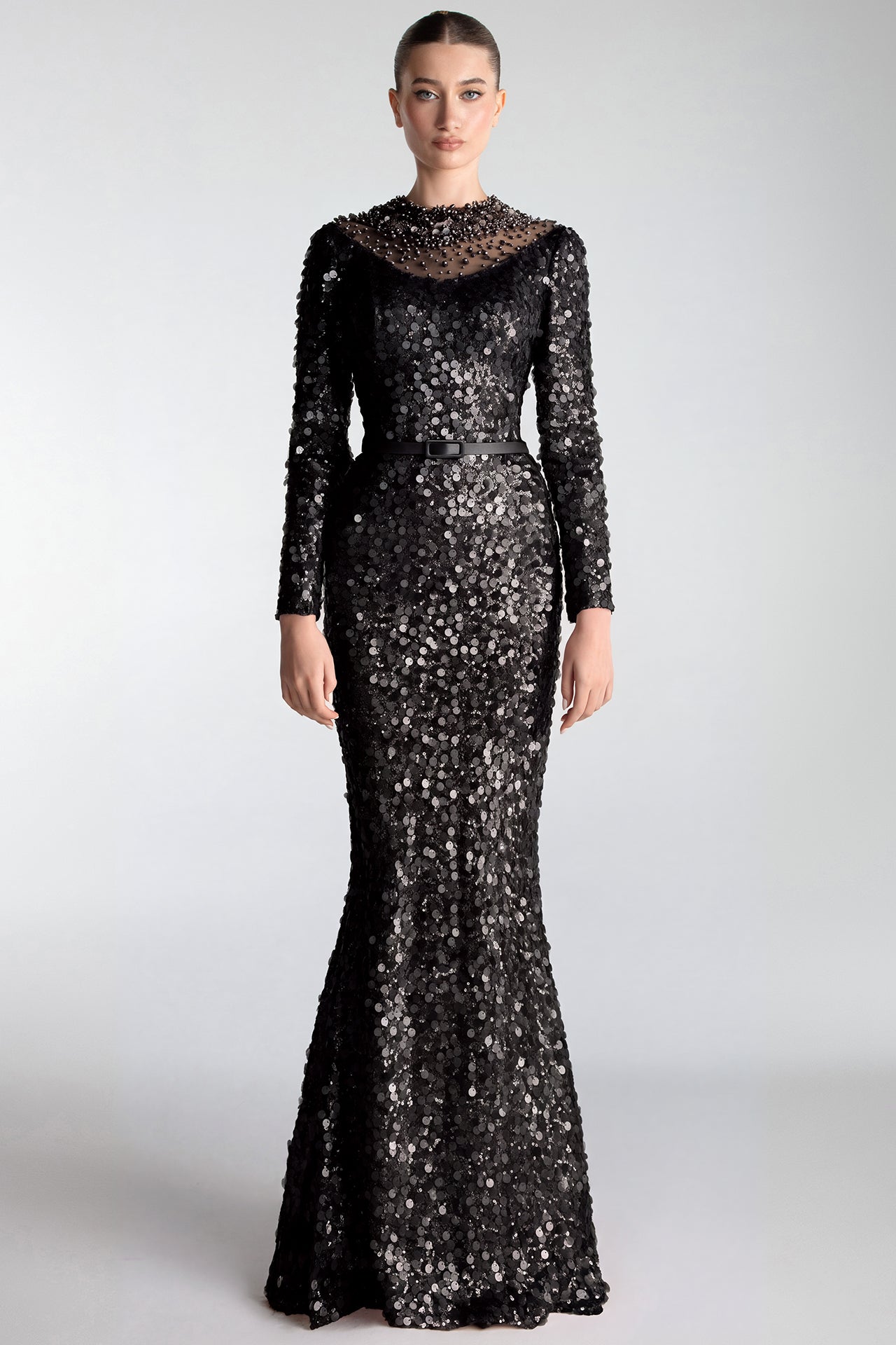 Embroidered Sequins Column Gown