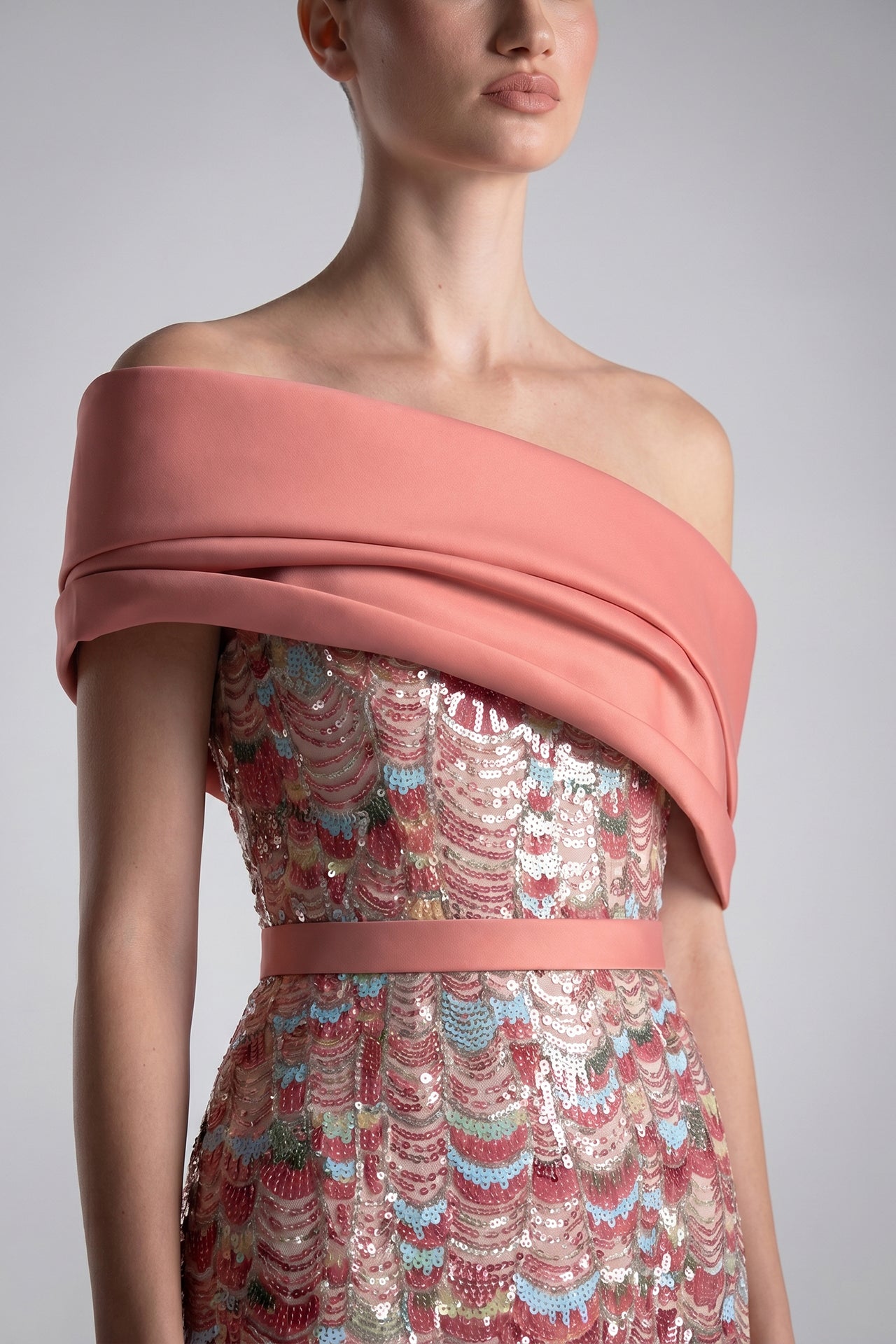 Off-Shoulder Embroidered Column Gown