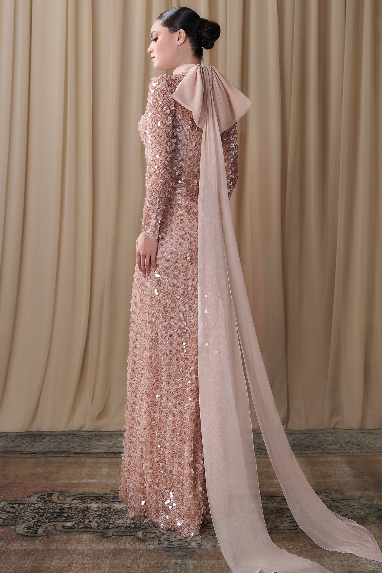 Embroidered High Neck Gown with Chiffon Scarf