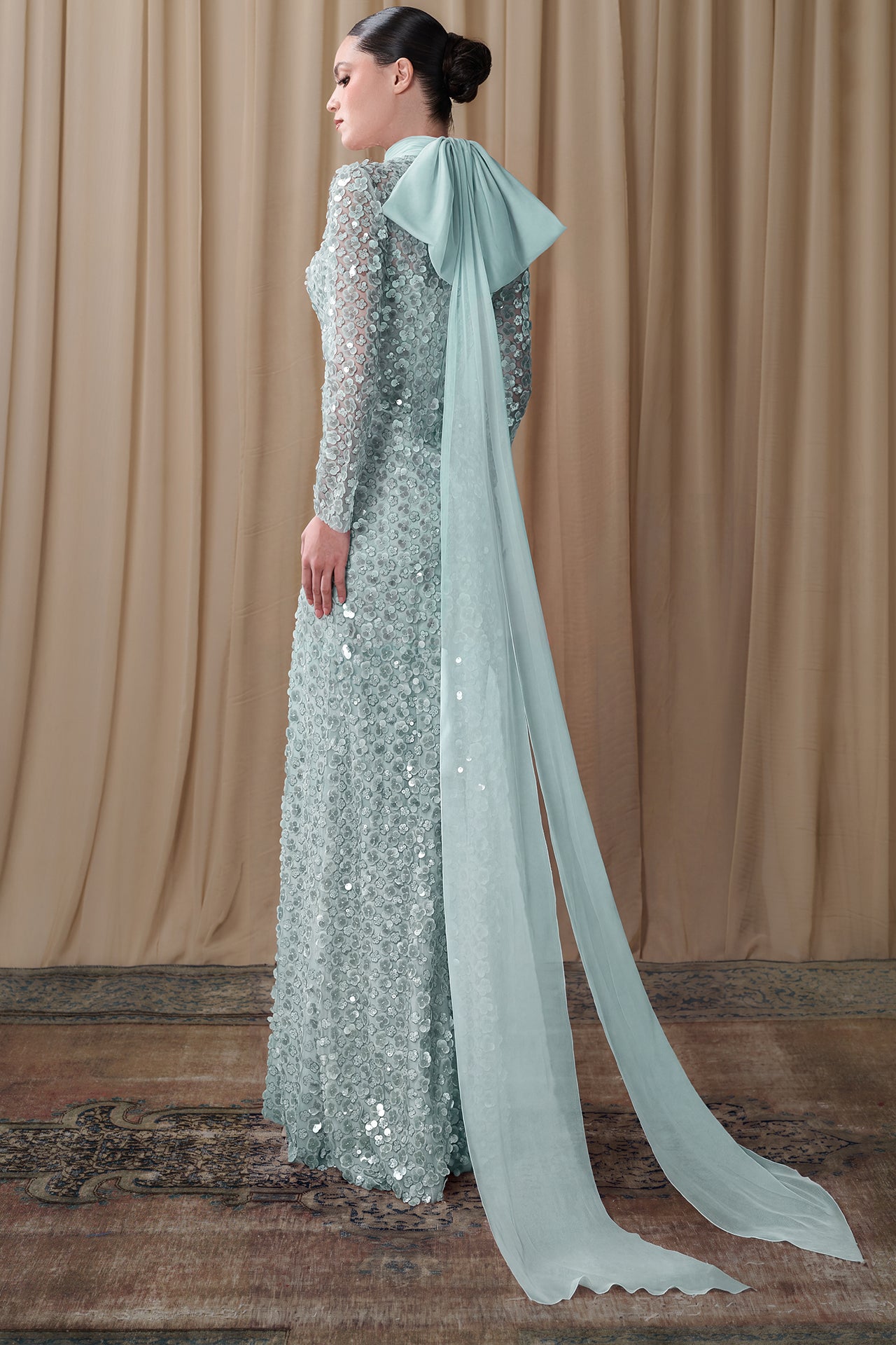 Embroidered High Neck Gown with Chiffon Scarf