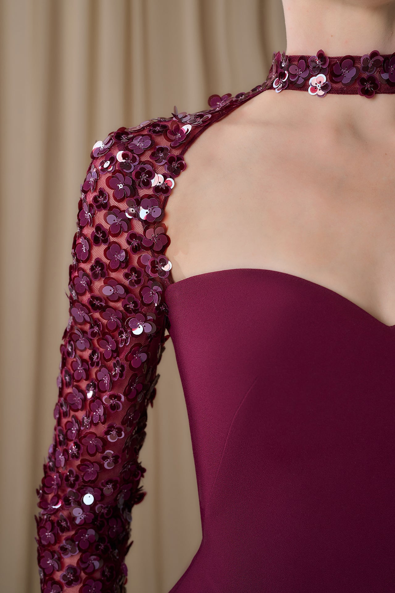Sweetheart Crepe Gown with Embroidered Sleeves