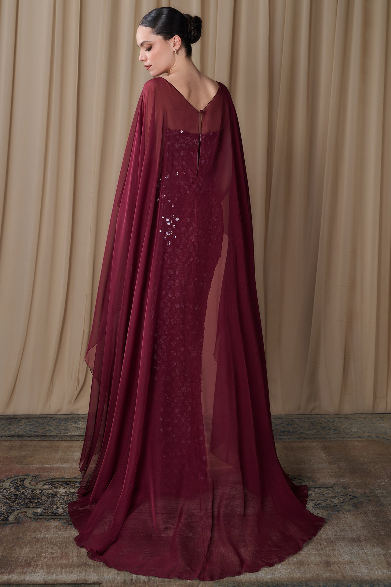 Embroidered Sequin Column Gown with Sheer Cape