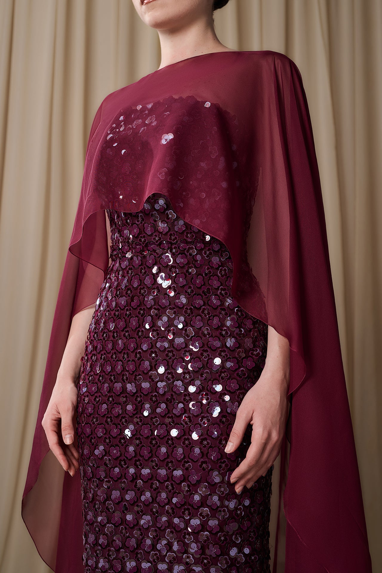 Embroidered Sequin Column Gown with Sheer Cape