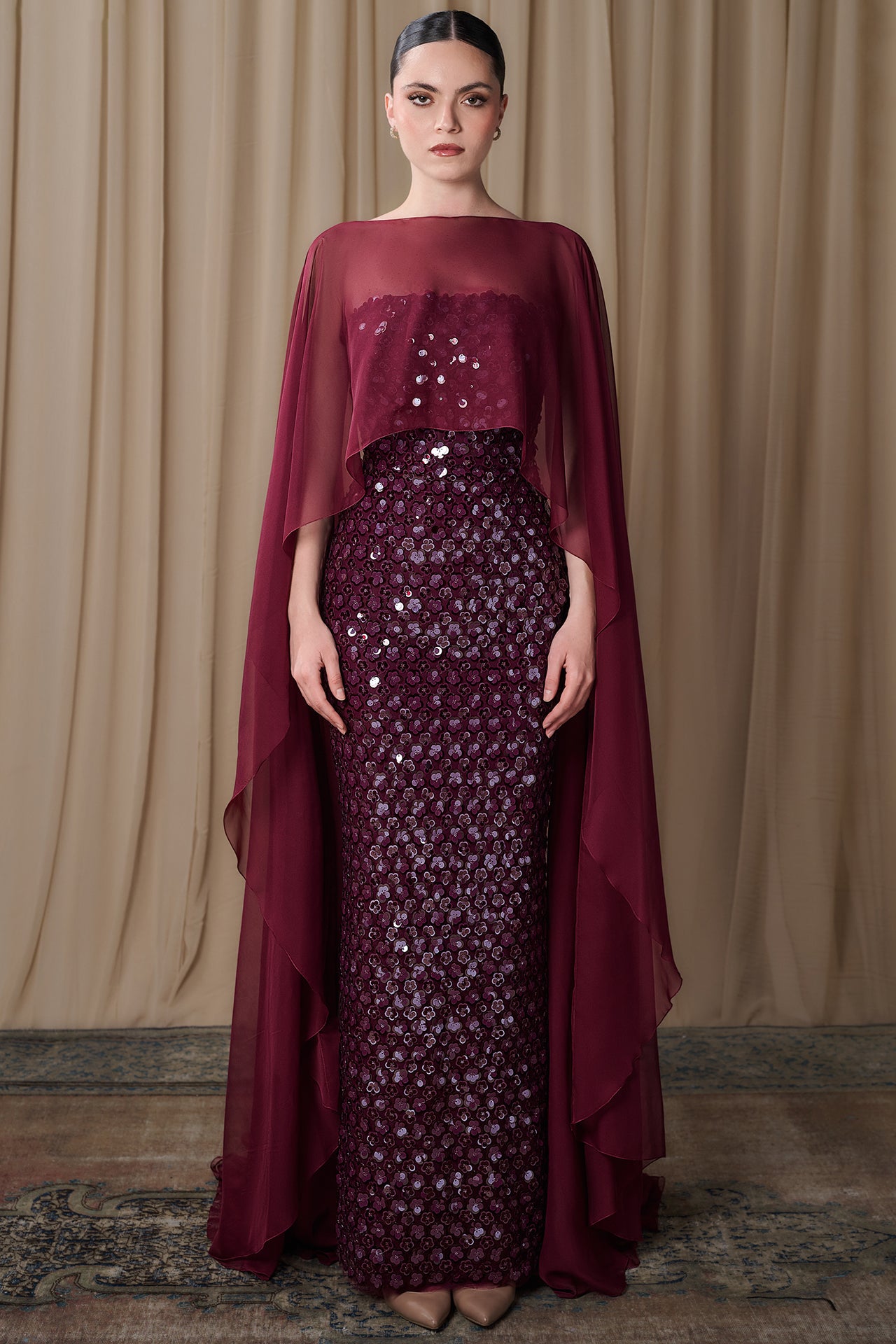 Embroidered Sequin Column Gown with Sheer Cape