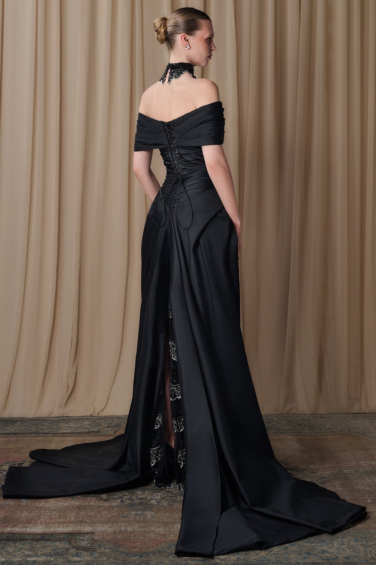 Draped Off-Shoulder Satin Gown with Embroidered Tulle Skirt