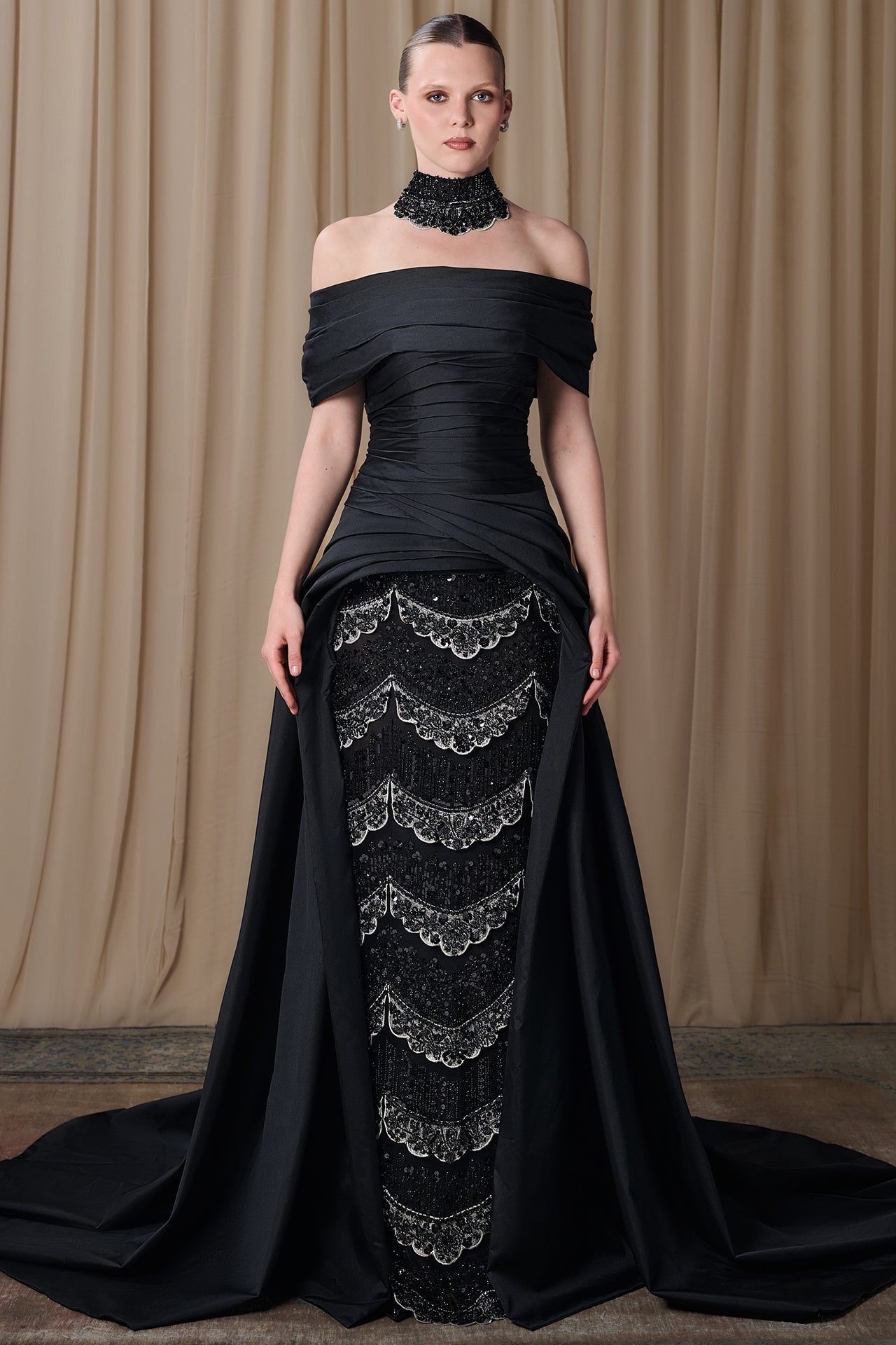 Draped Off-Shoulder Satin Gown with Embroidered Tulle Skirt