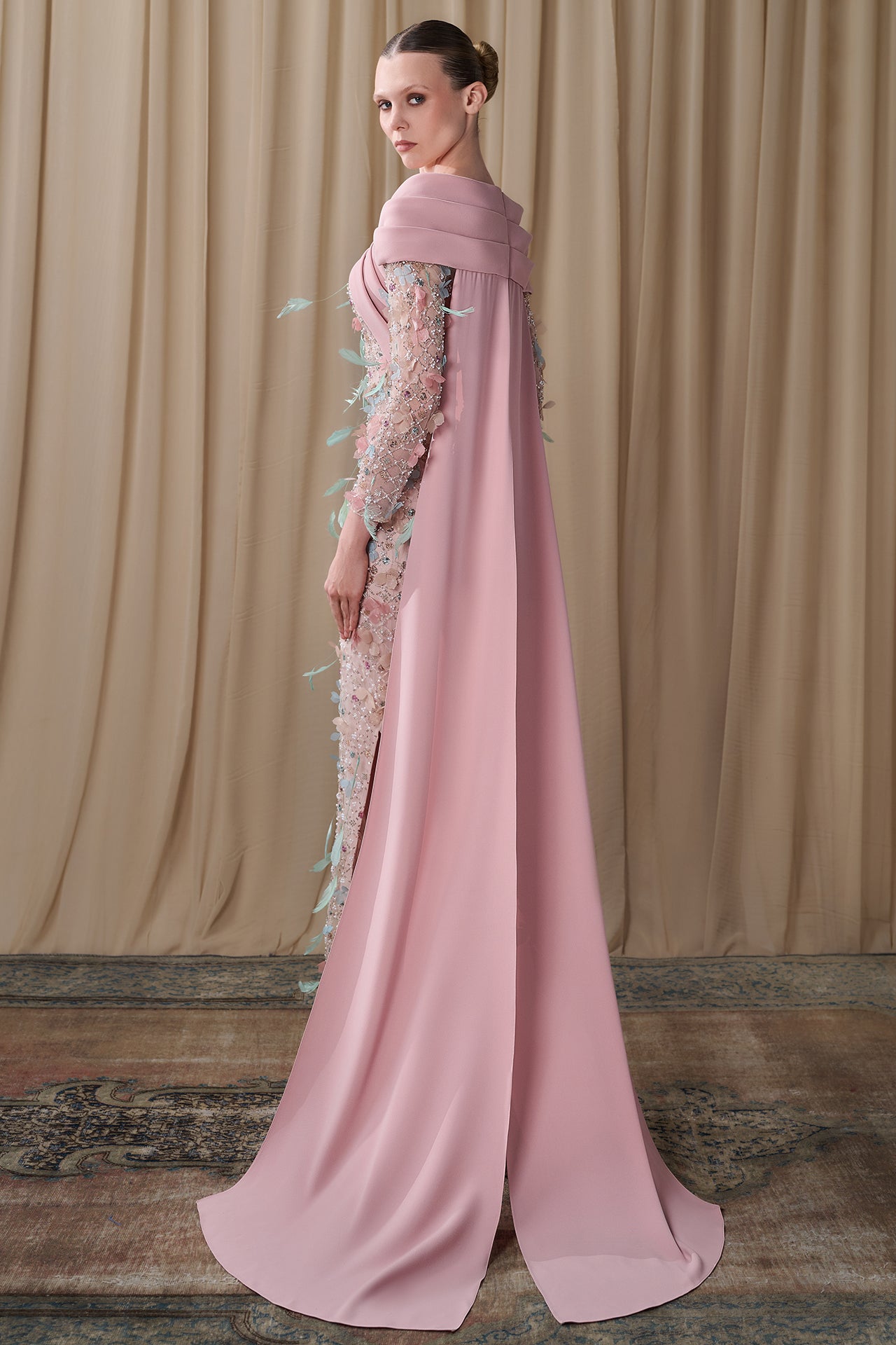 Embroidered Tulle Gown with Draped Cape