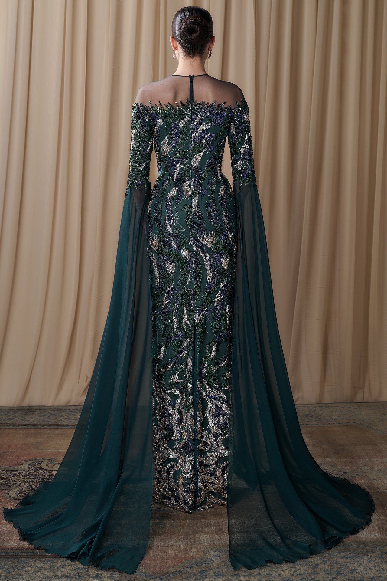 Embroidered Illusion Gown with Chiffon Cape Sleeves