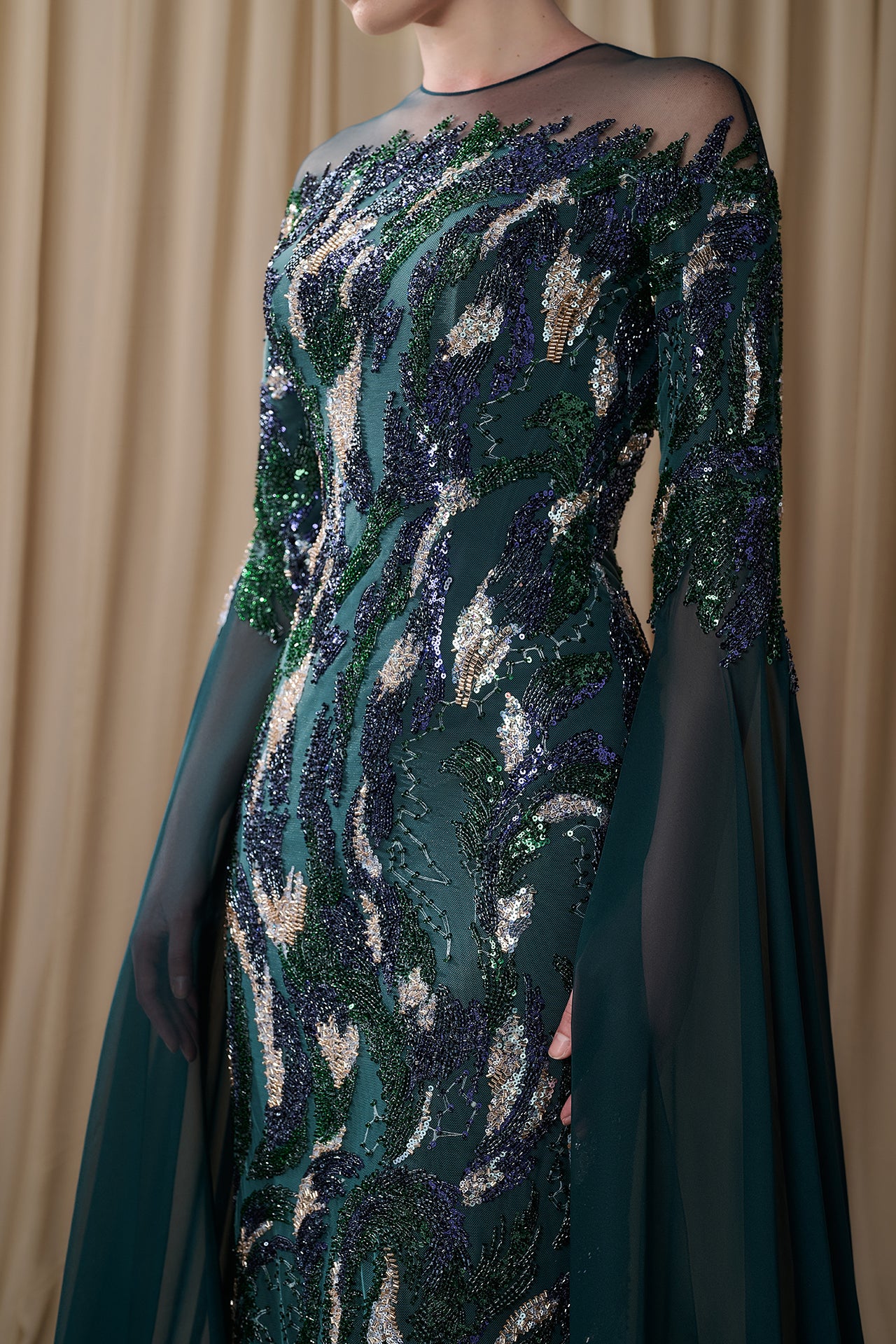 Embroidered Illusion Gown with Chiffon Cape Sleeves