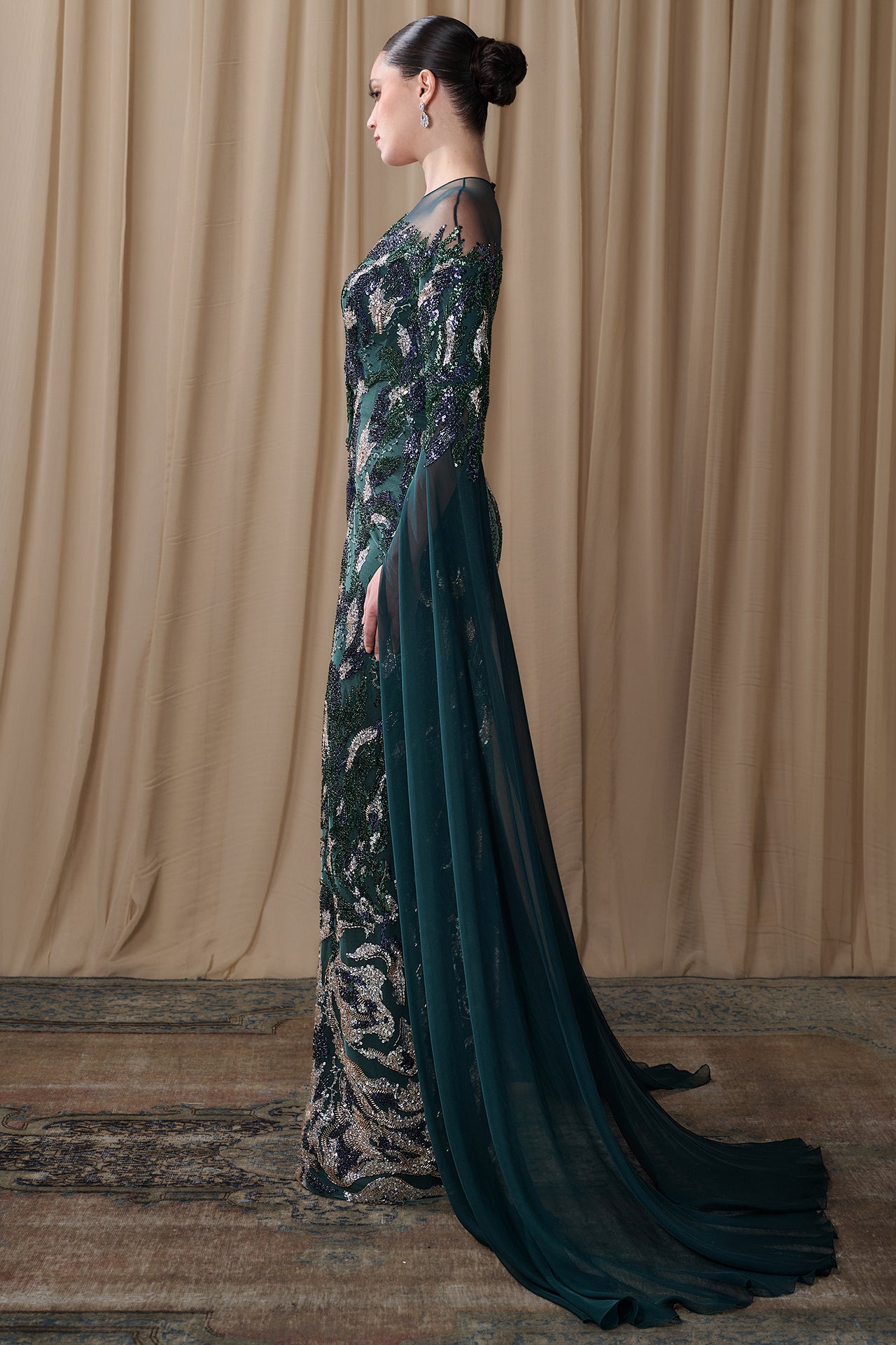 Embroidered Illusion Gown with Chiffon Cape Sleeves