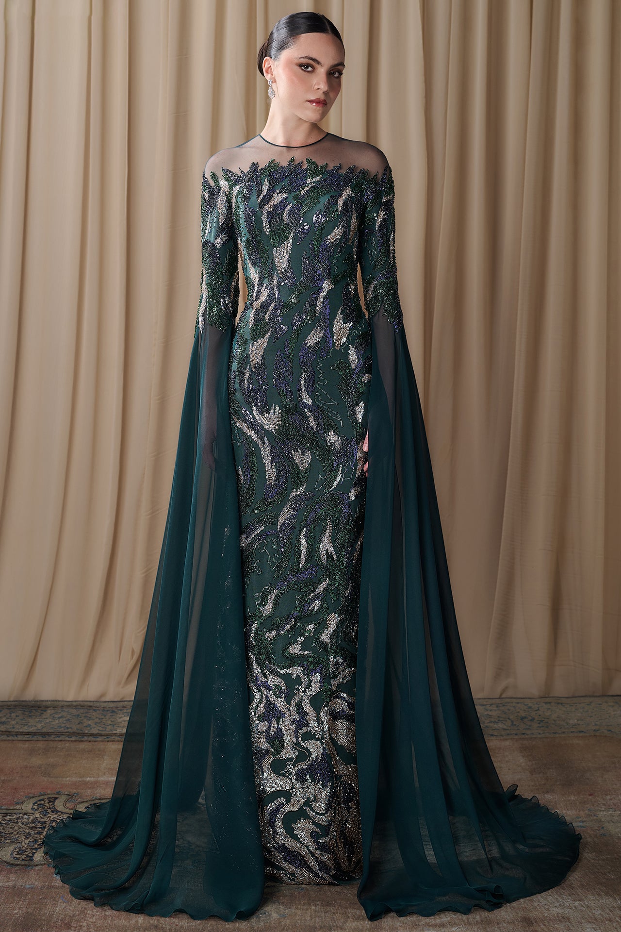Embroidered Illusion Gown with Chiffon Cape Sleeves