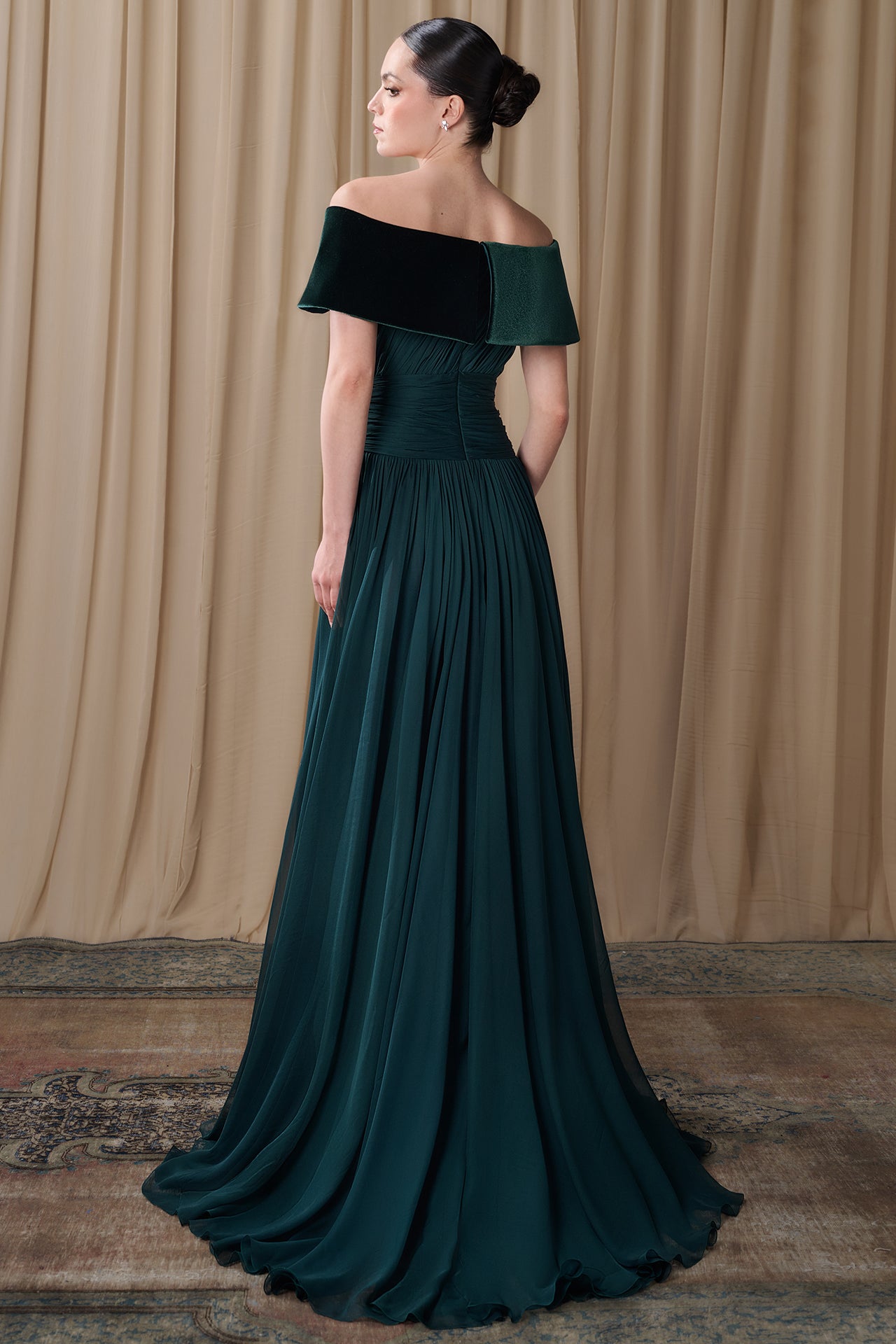 Pleated Off-Shoulder Chiffon Gown