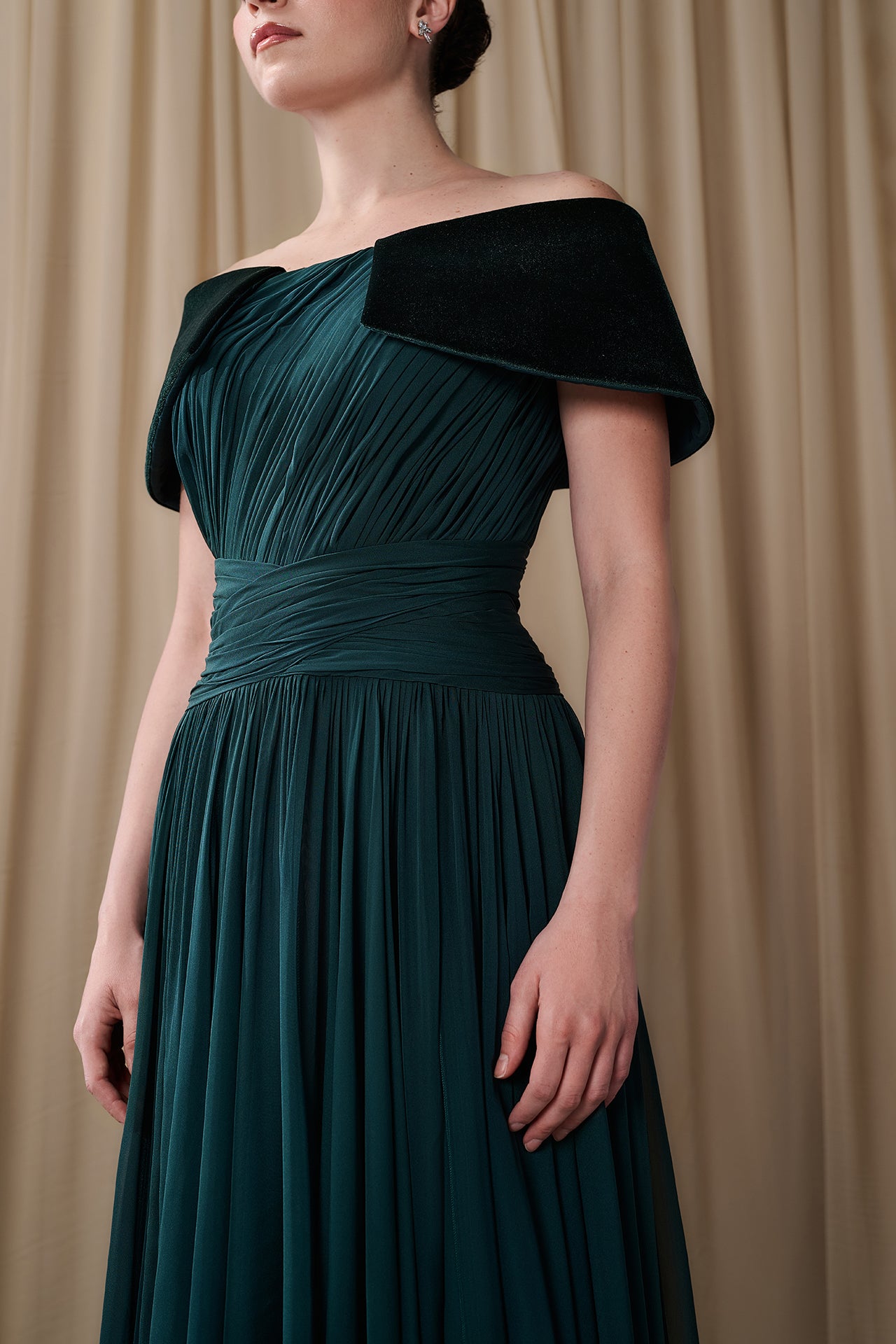 Pleated Off-Shoulder Chiffon Gown