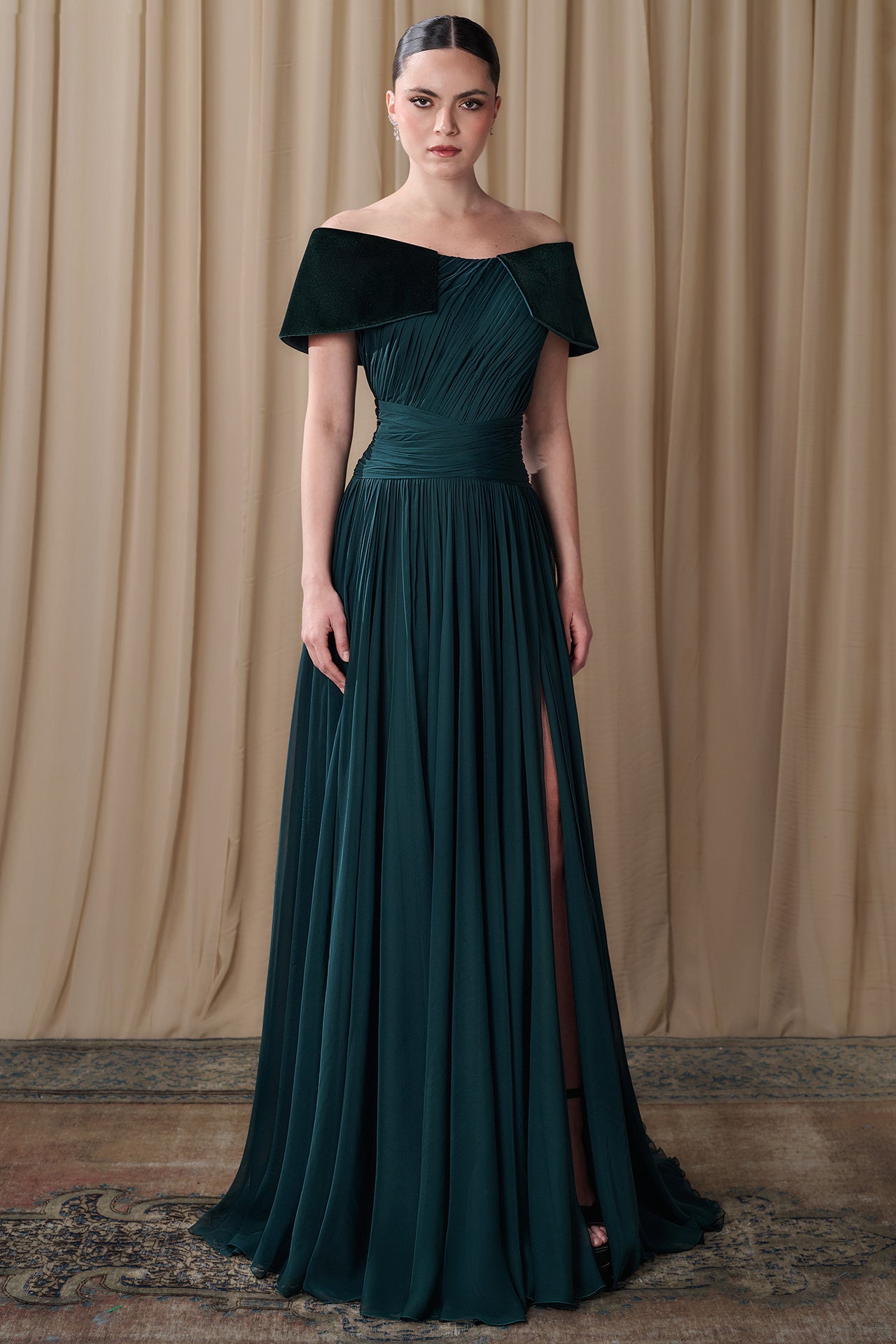 Pleated Off-Shoulder Chiffon Gown