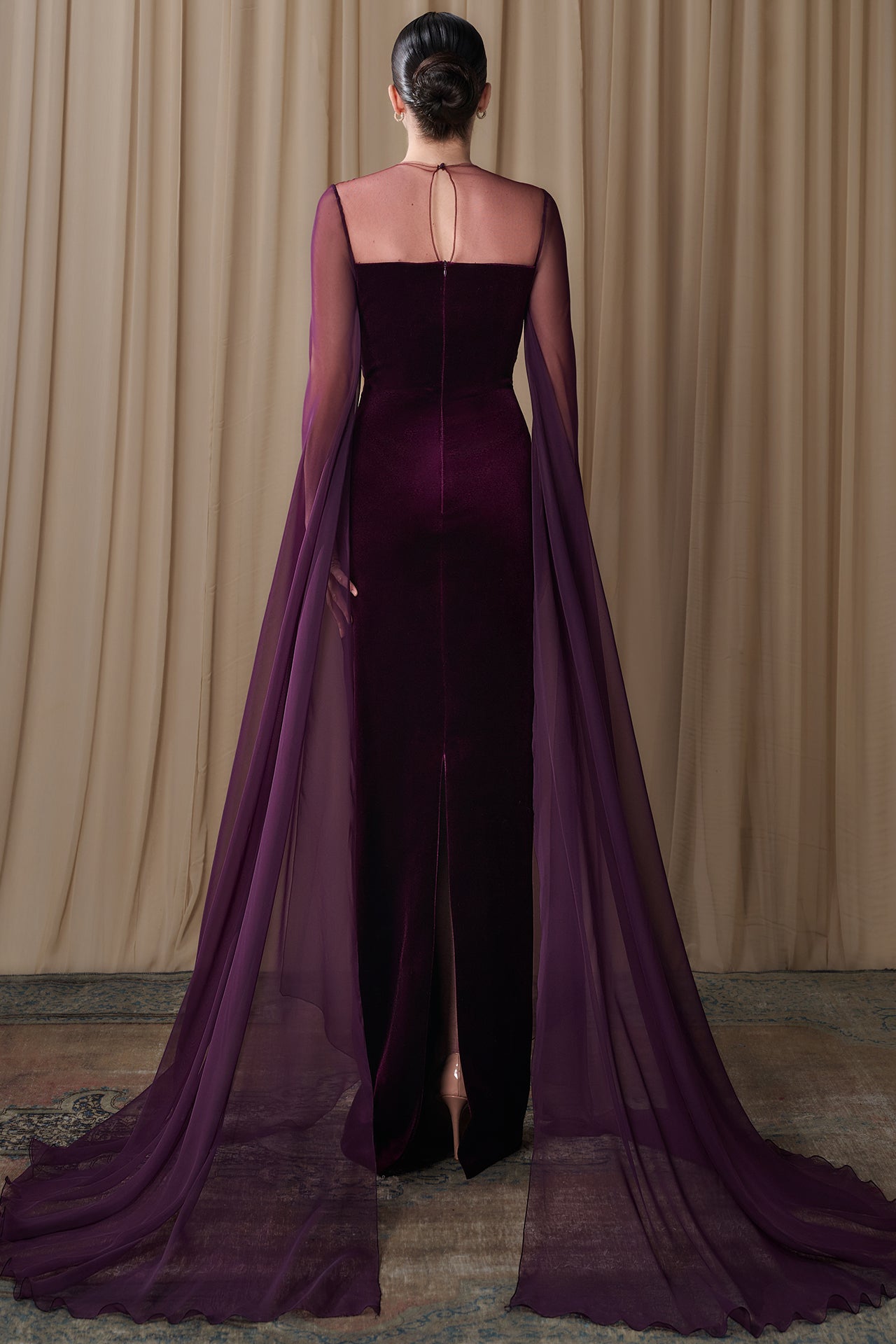 Velvet Gown with Draped Chiffon Cape Sleeves