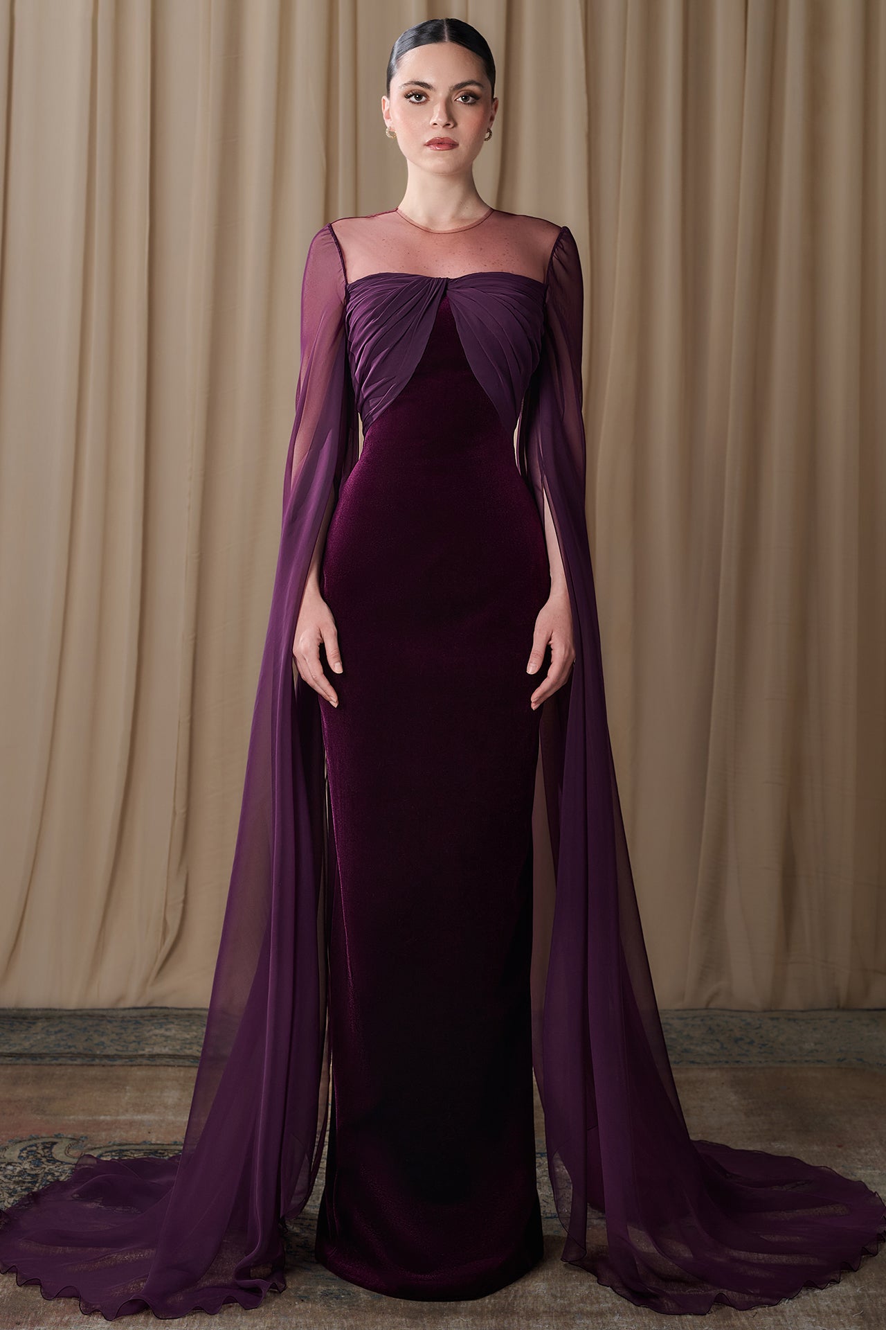 Velvet Gown with Draped Chiffon Cape Sleeves