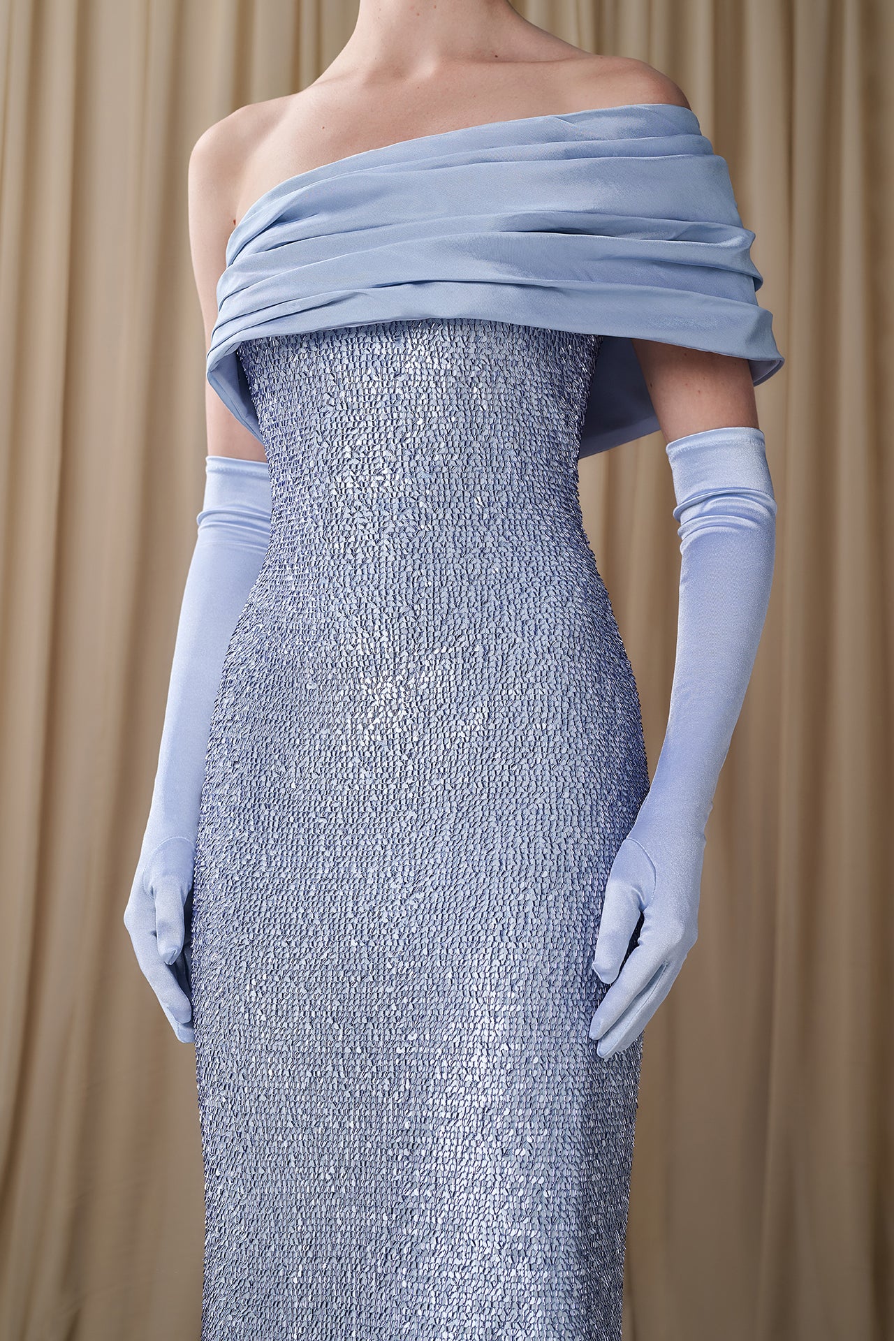 Embellished Column Gown with Draped Off-Shoulder Neckline