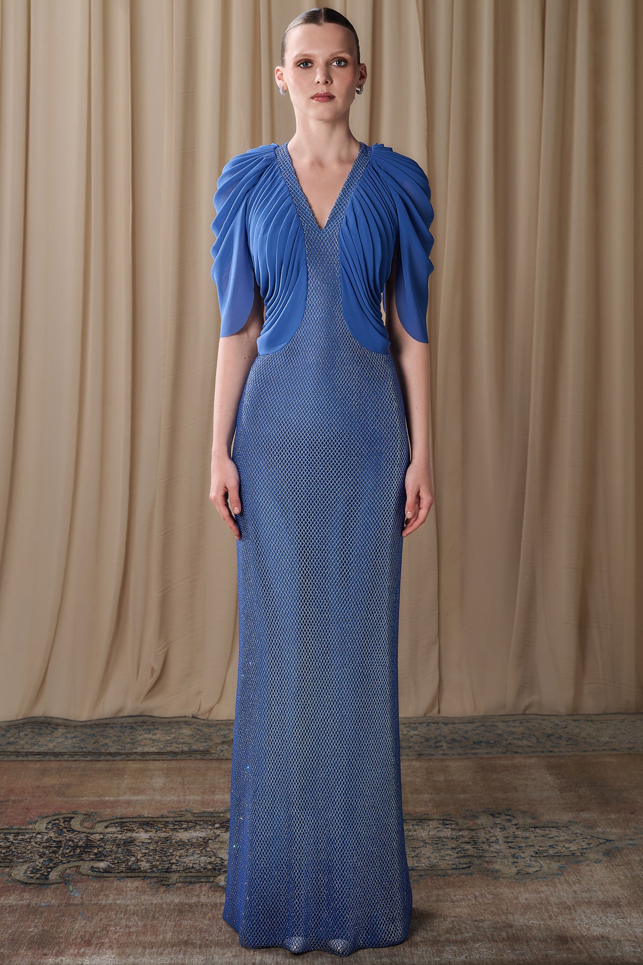 Embellished Column Gown with Draped Chiffon Sleeves