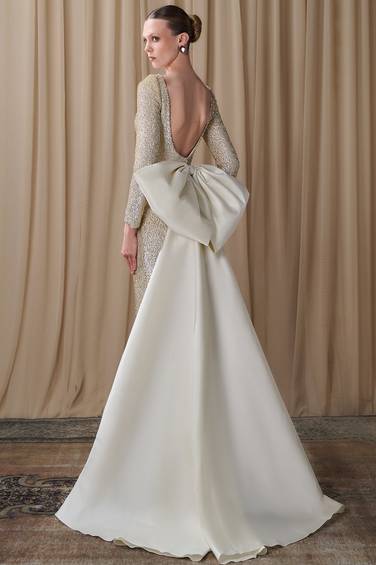 Embellished Column Gown with Taffeta Overskirt Bow