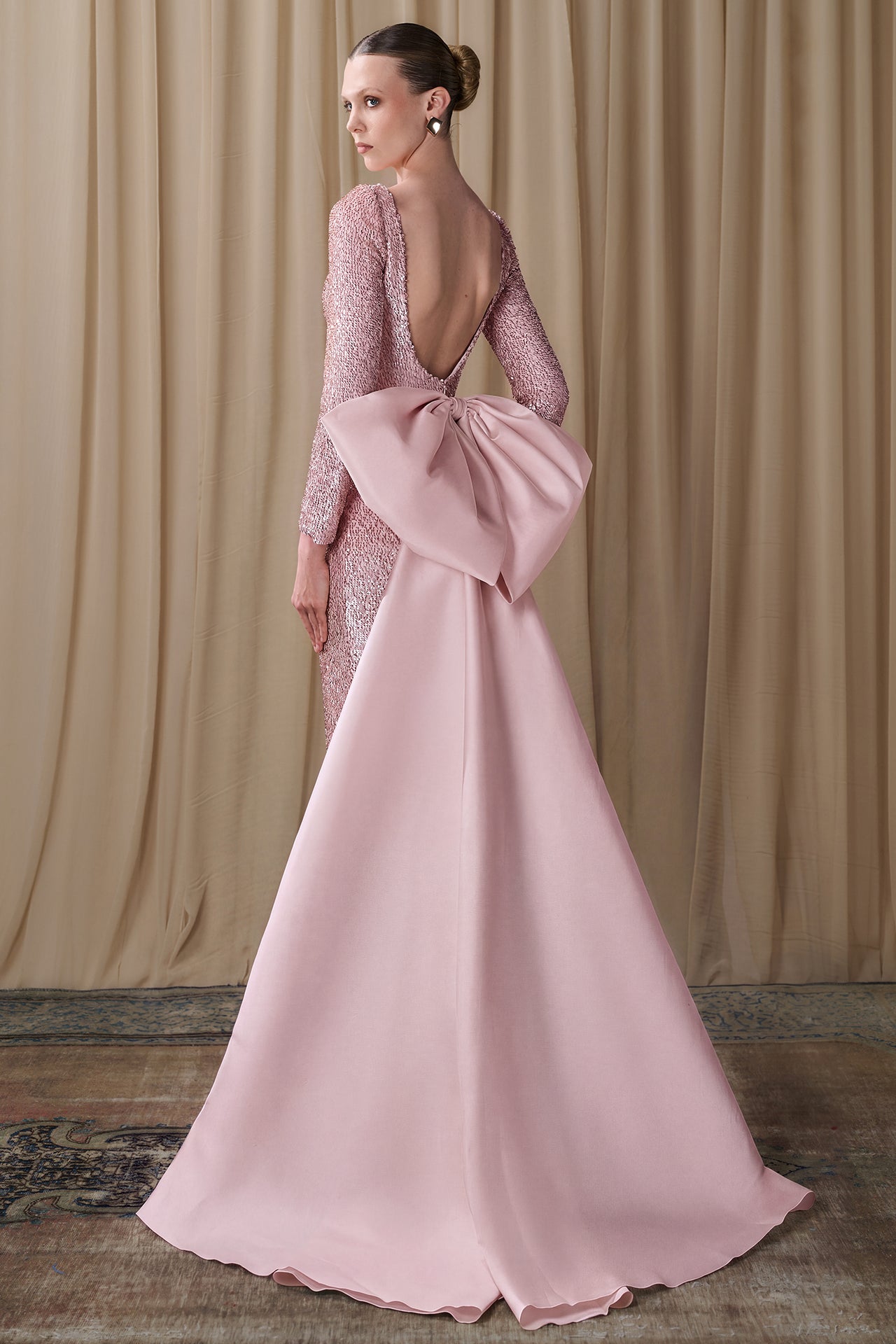 Embellished Column Gown with Taffeta Overskirt Bow