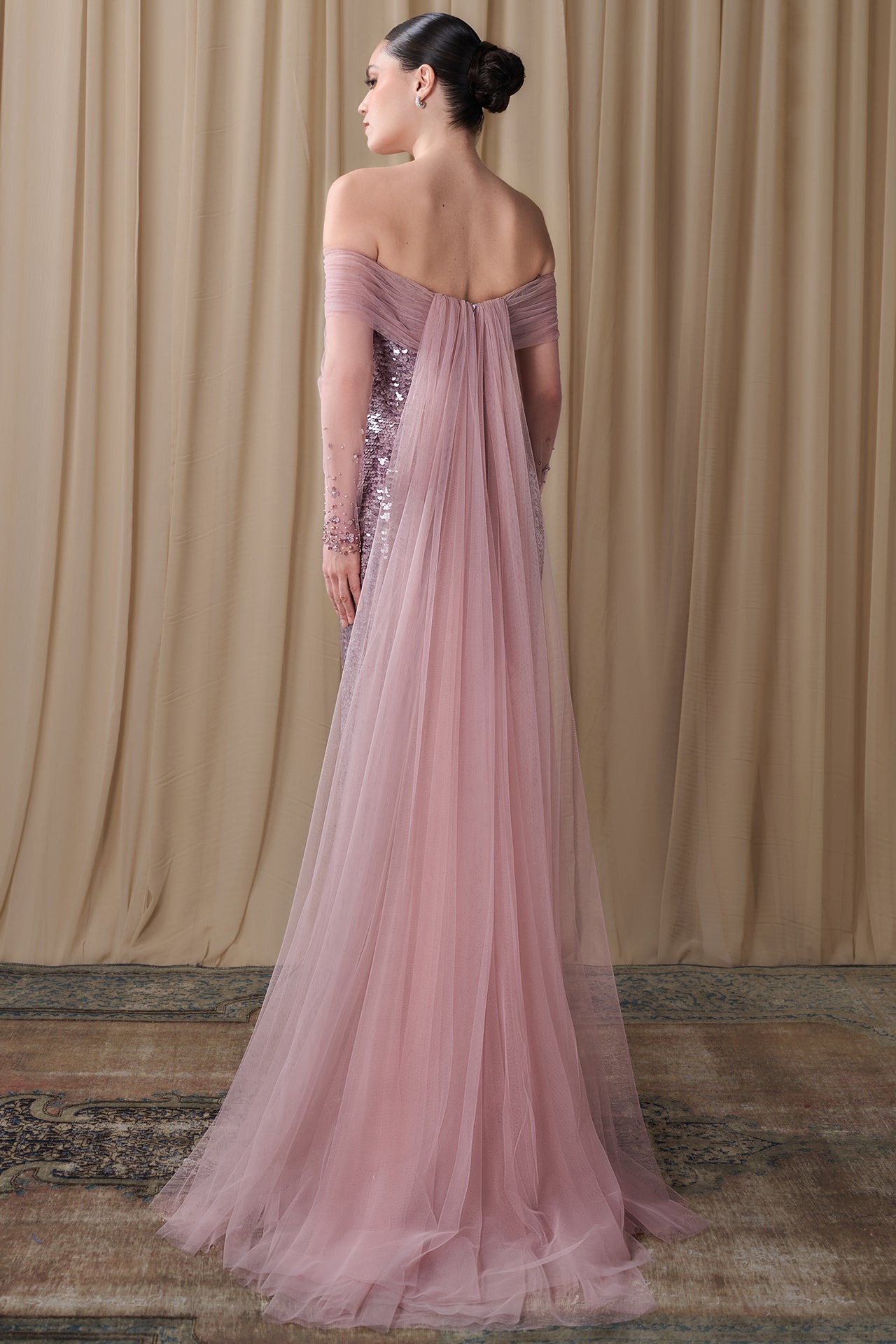 Off-Shoulder Sequined Column Gown with Tulle Cape