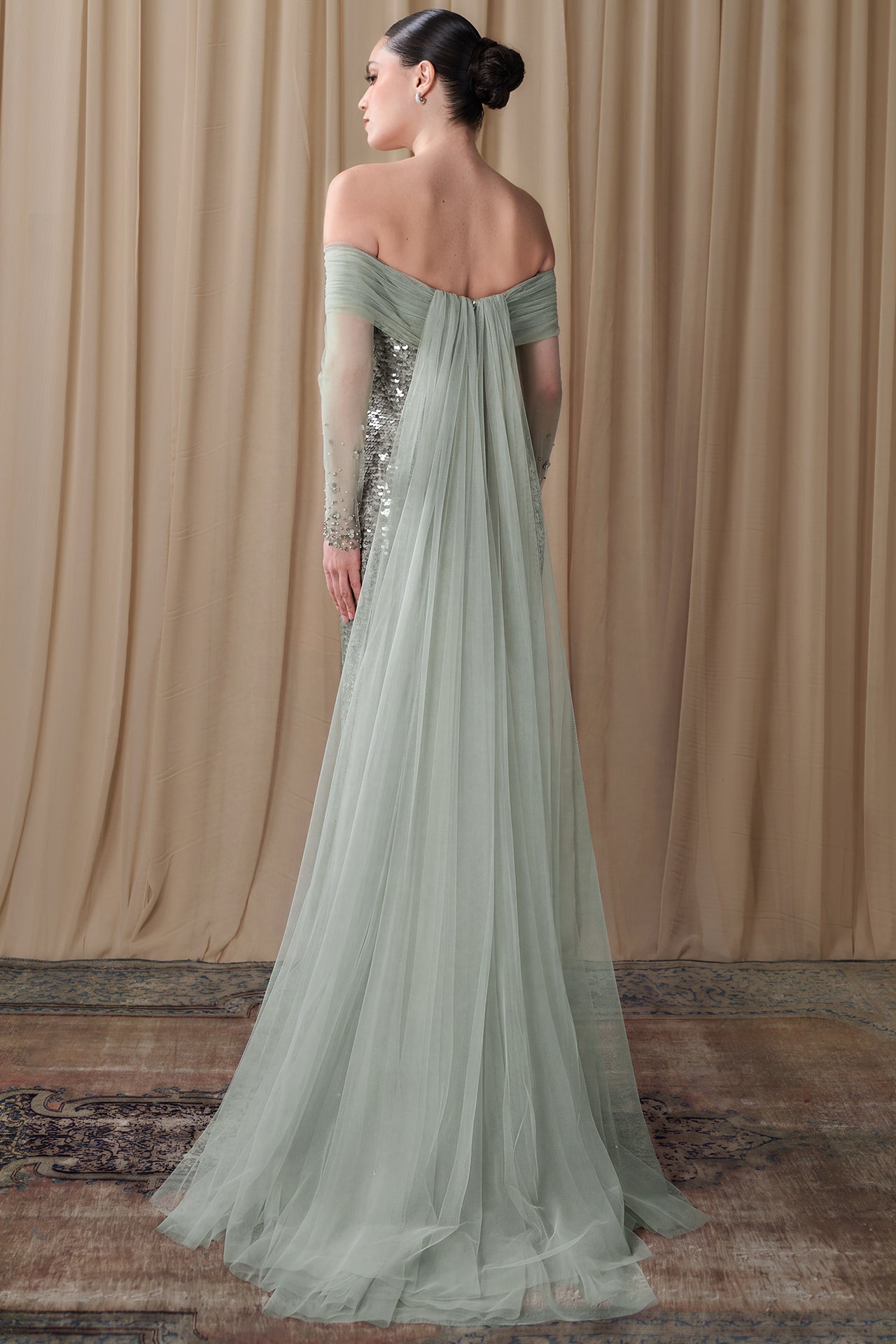 Off-Shoulder Sequined Column Gown with Tulle Cape