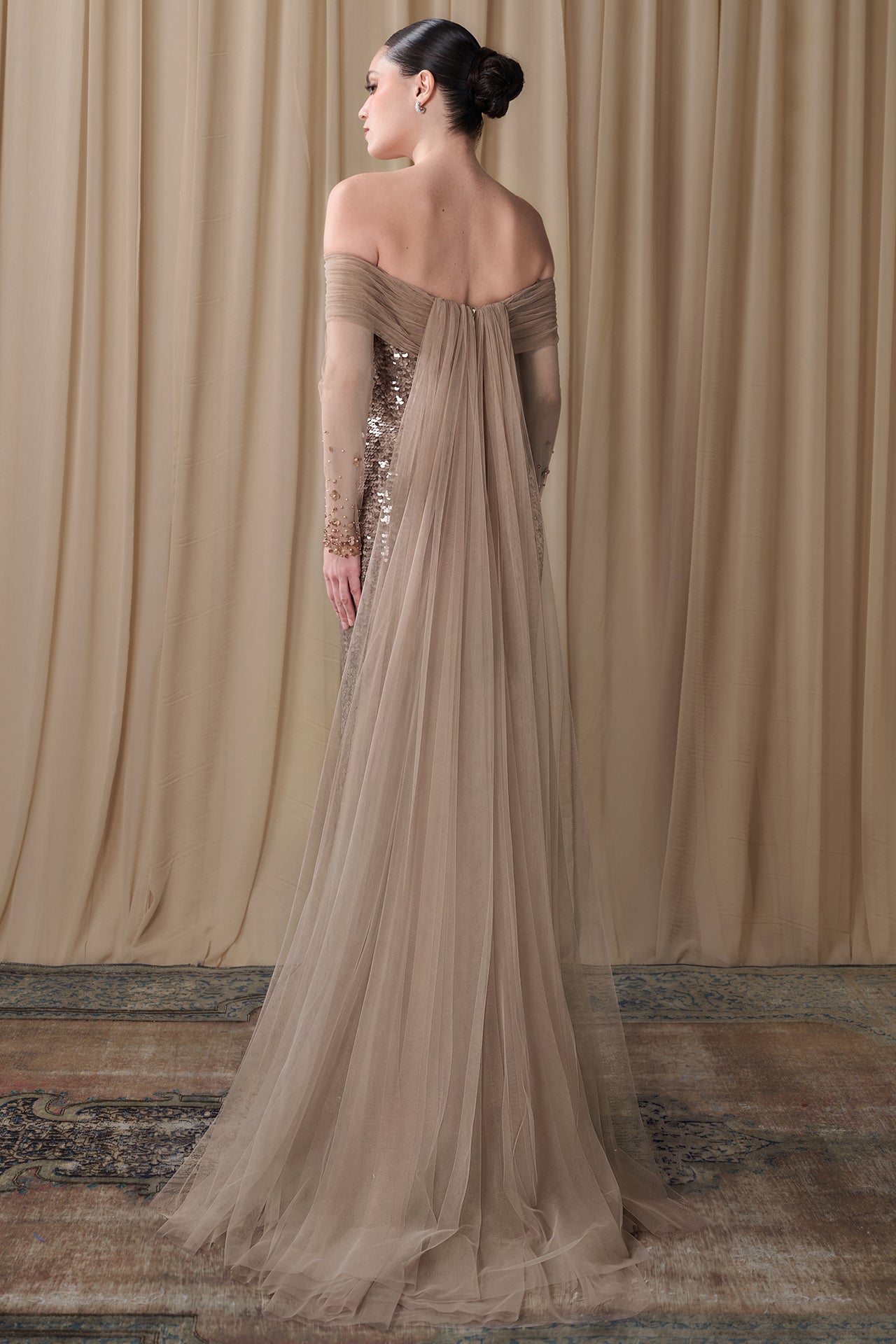 Off-Shoulder Sequined Column Gown with Tulle Cape