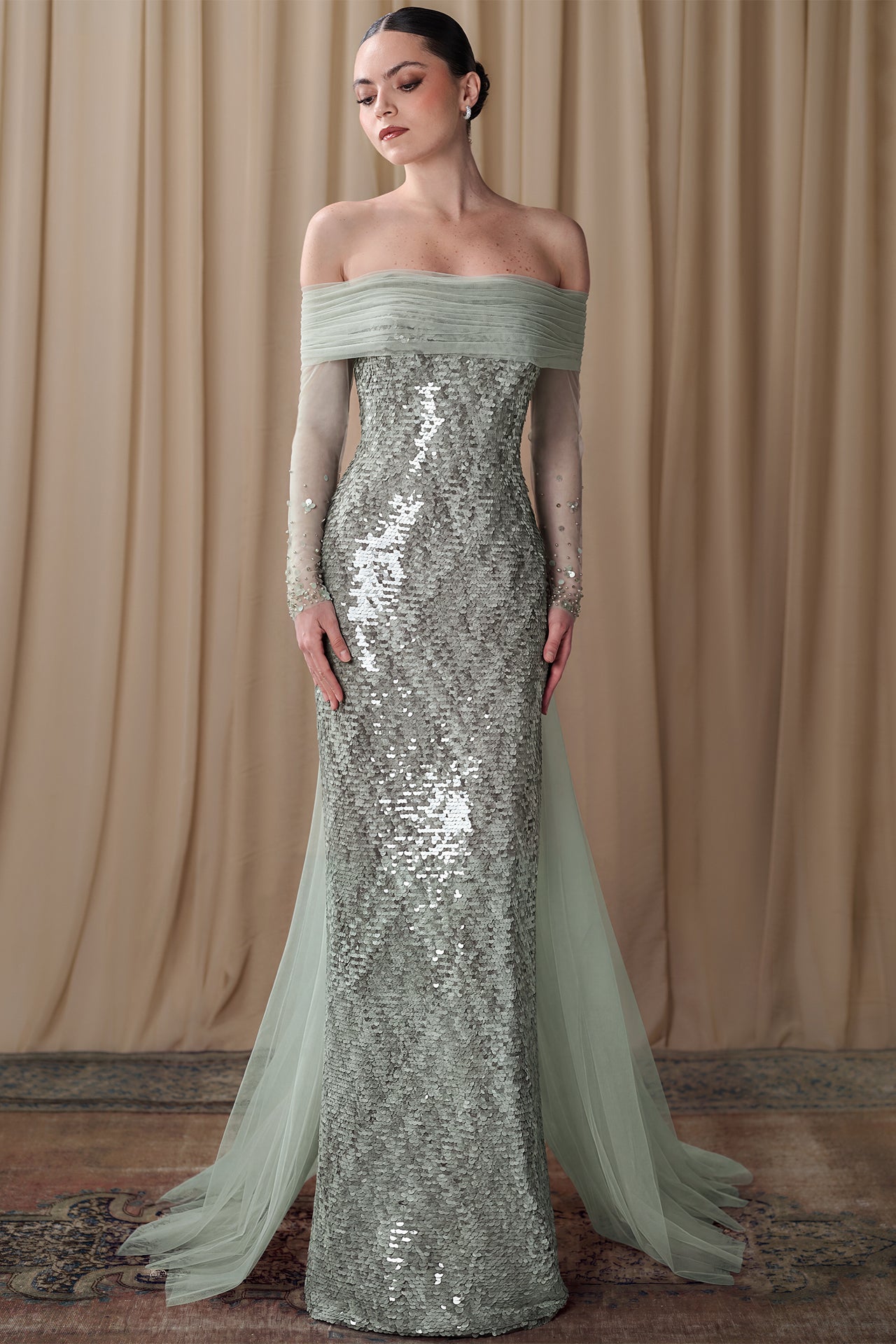 Off-Shoulder Sequined Column Gown with Tulle Cape