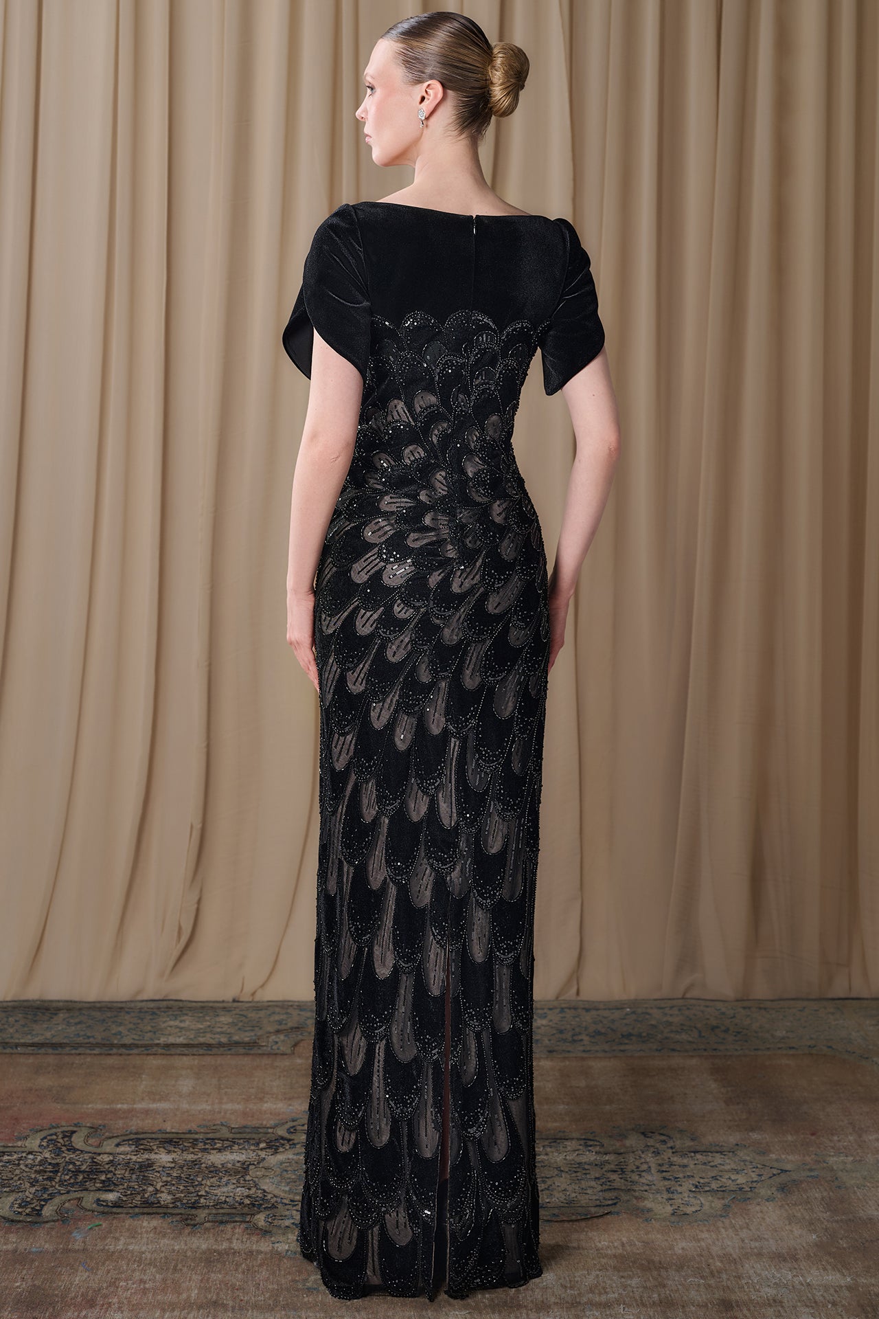 Embroidered Tulle Column Gown with Crepe Sleeves