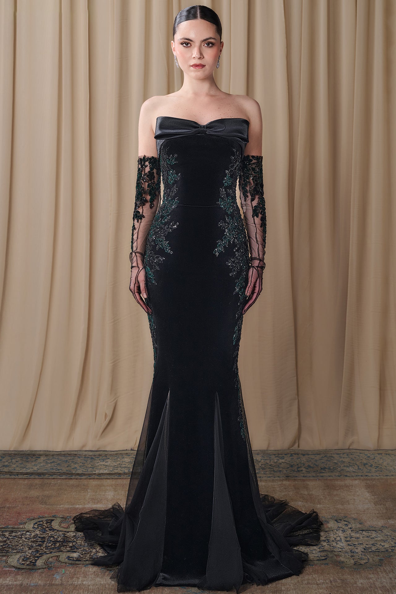 Strapless Crepe Gown with Embroidered Tulle Sleeves