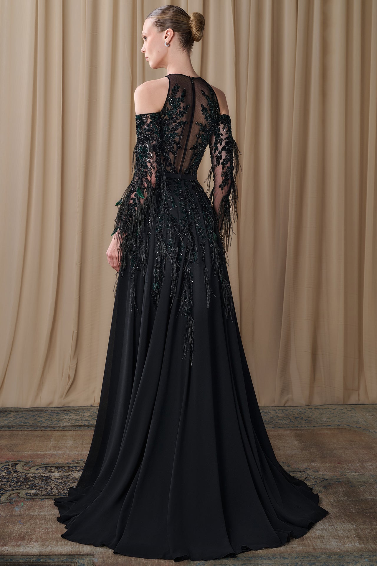 Embroidered Illusion Gown with Feathered Sleeves