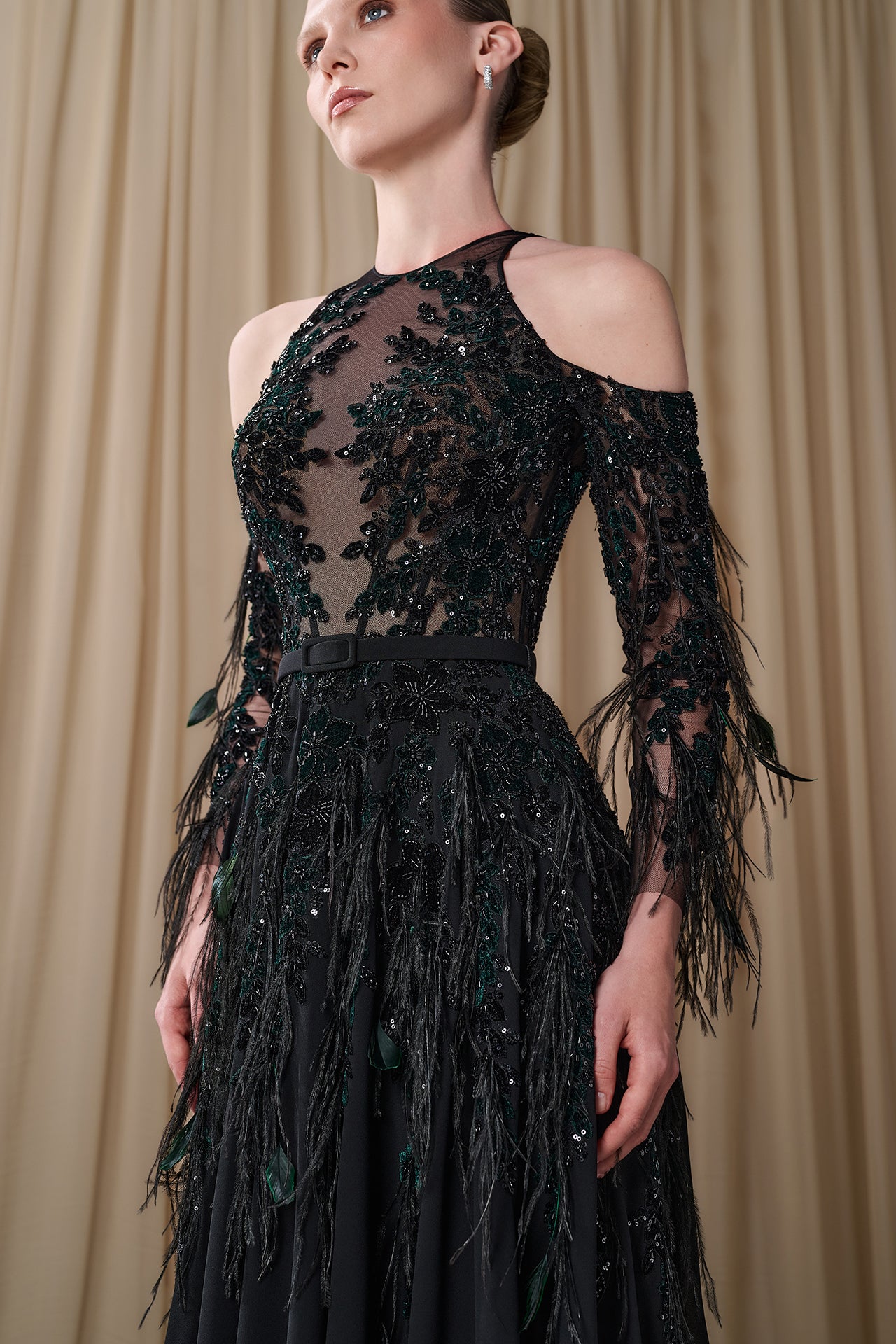 Embroidered Illusion Gown with Feathered Sleeves