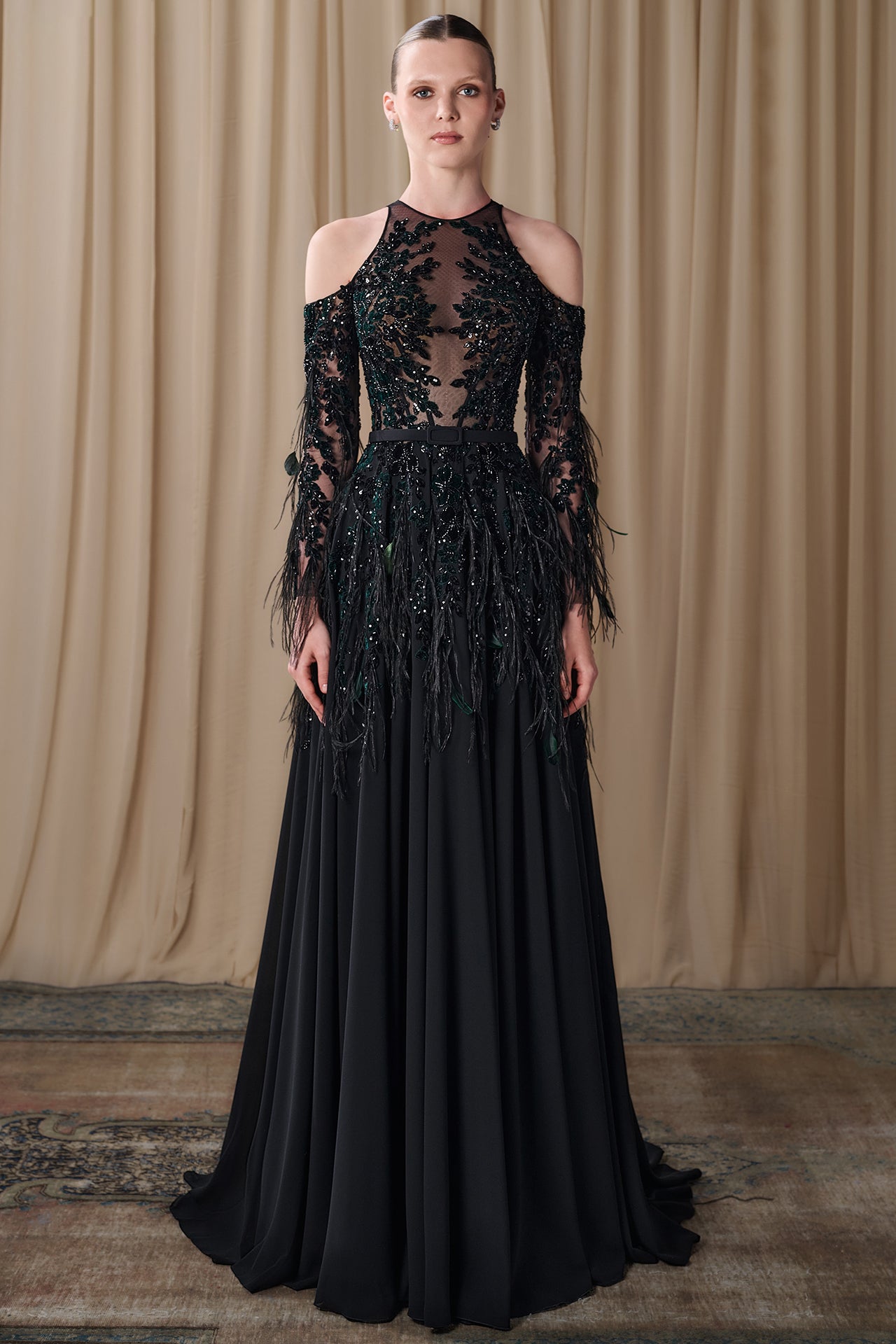 Embroidered Illusion Gown with Feathered Sleeves