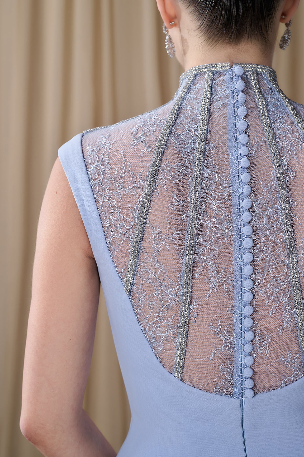 Crepe Column Gown with Embroidered Illusion Collar
