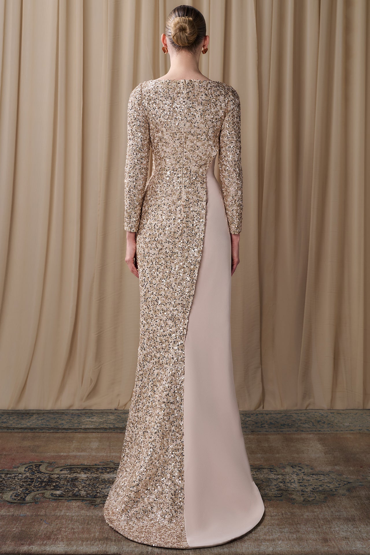 Asymmetric Sequin Bodice with Crepe Skirt