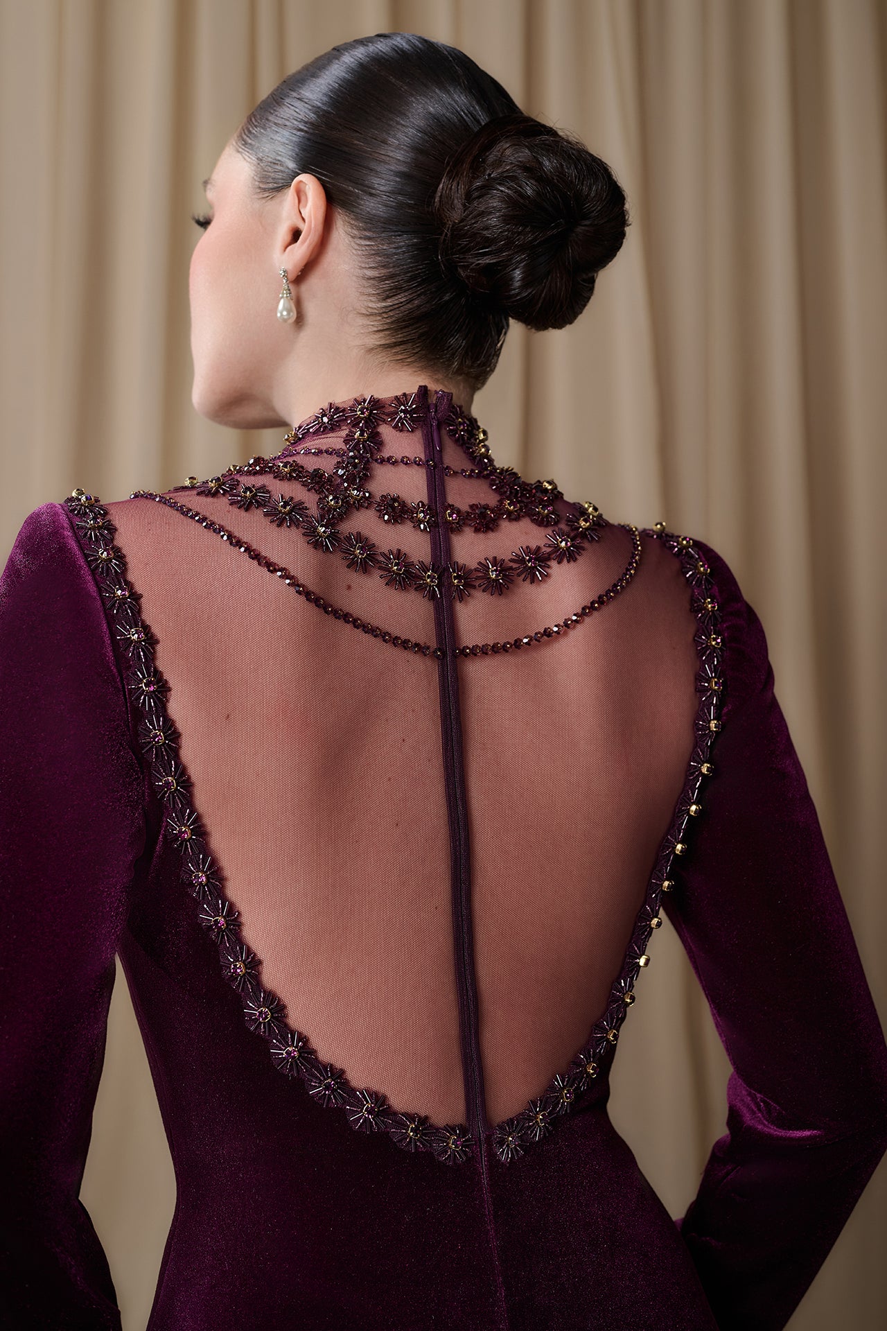 Embroidered Illusion Neckline Velvet Gown