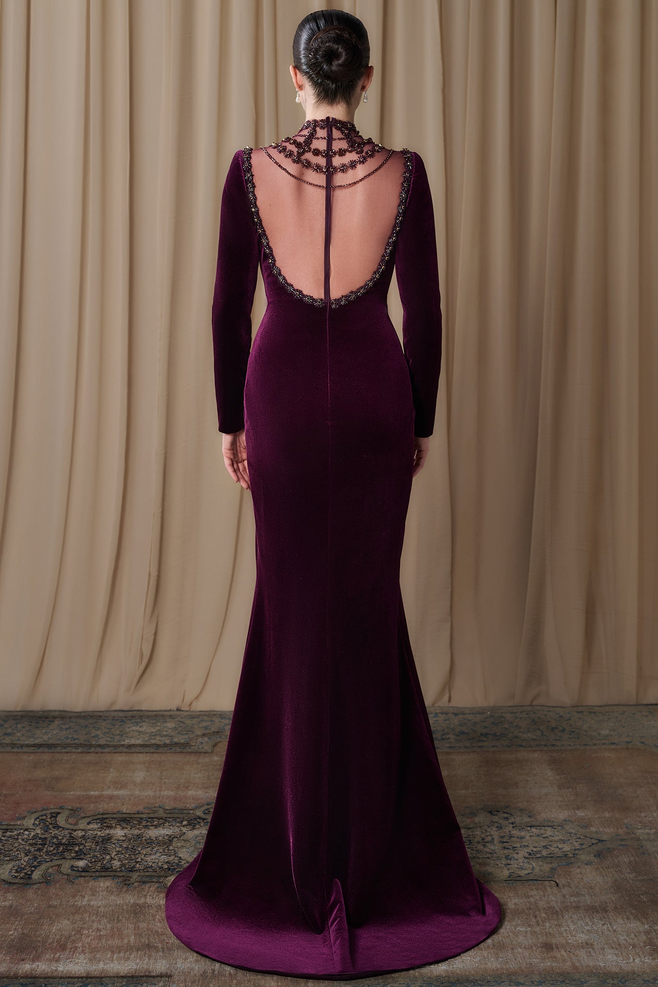 Embroidered Illusion Neckline Velvet Gown