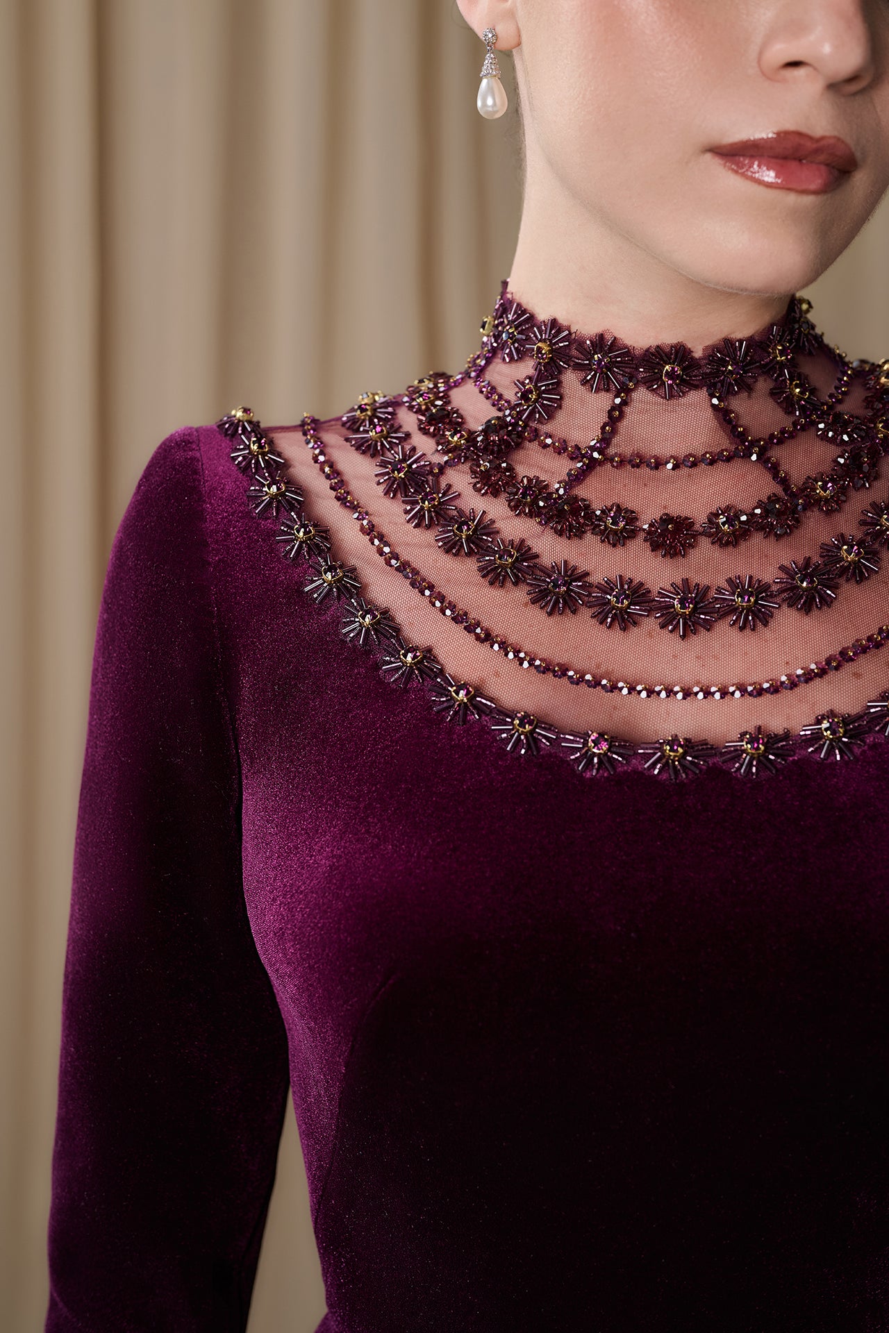 Embroidered Illusion Neckline Velvet Gown