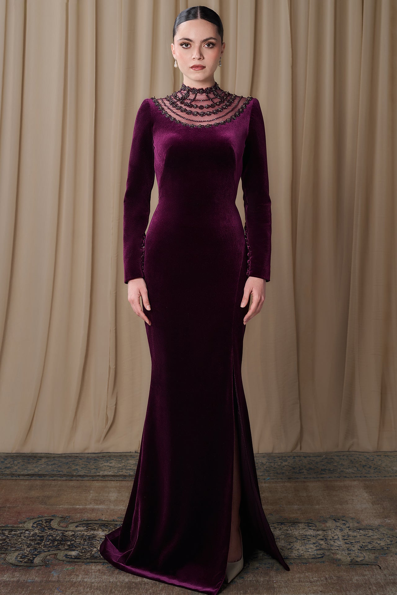 Embroidered Illusion Neckline Velvet Gown