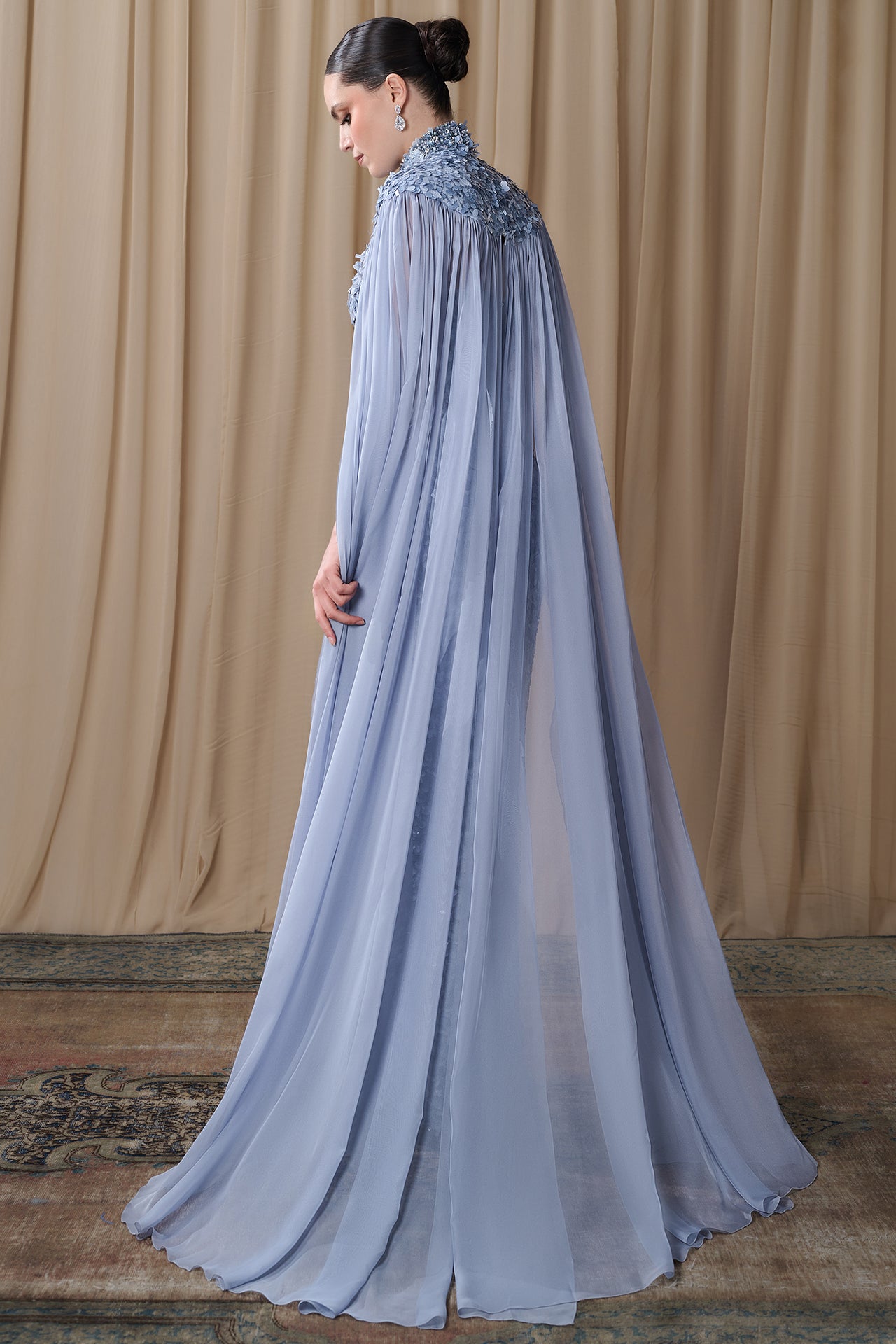 Embroidered High Neck Cape Gown