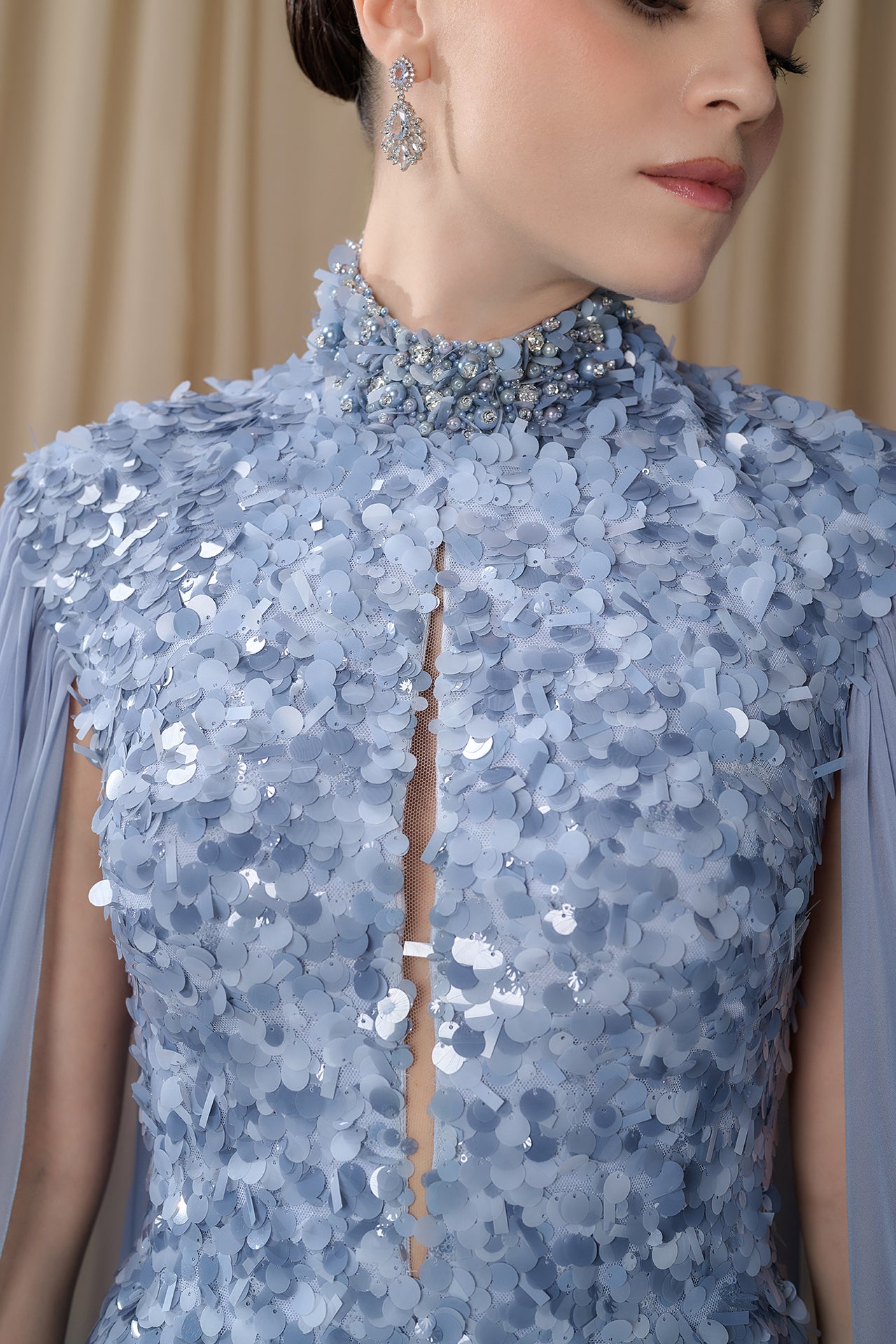 Embroidered High Neck Cape Gown