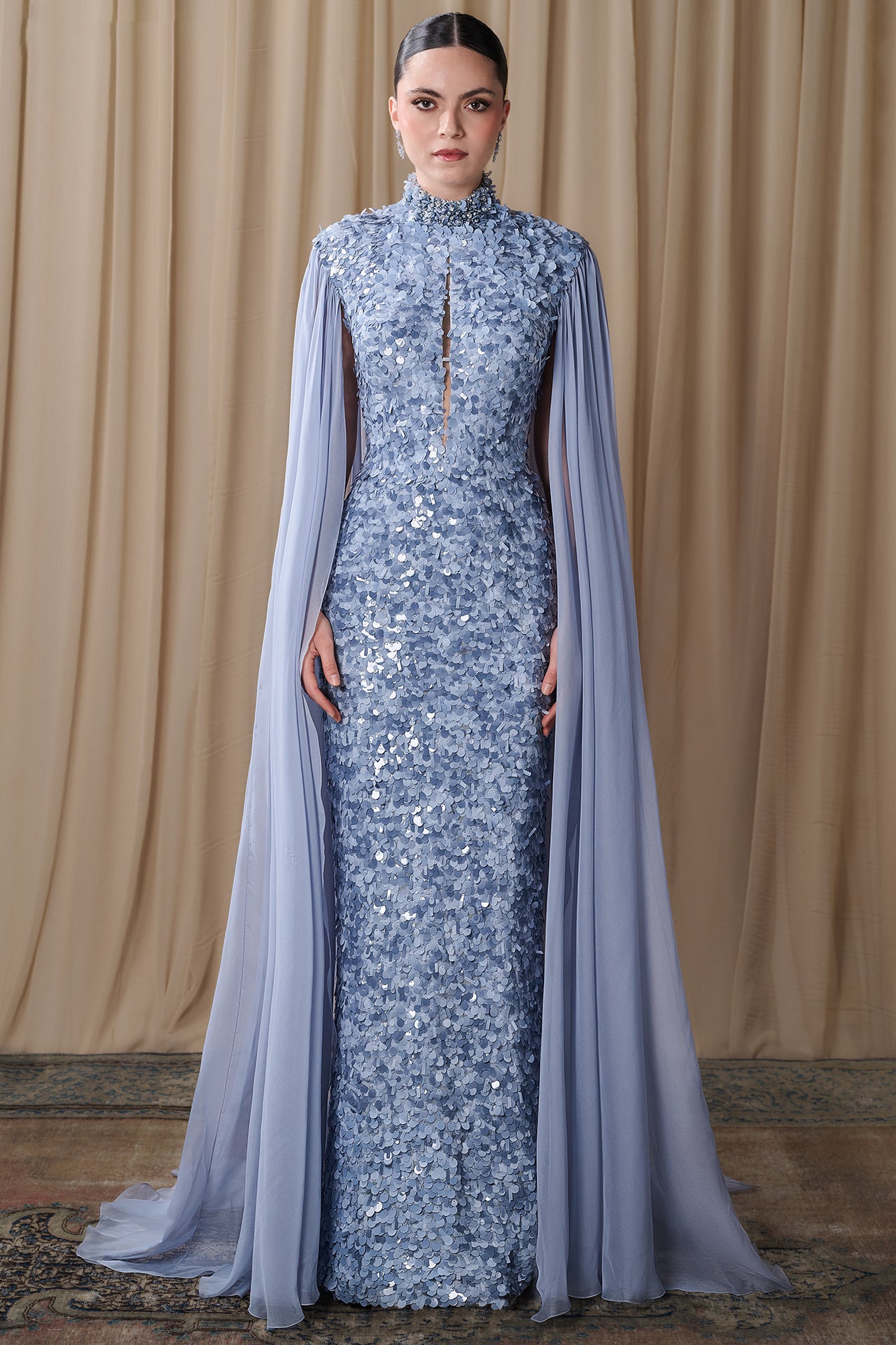 Embroidered High Neck Cape Gown
