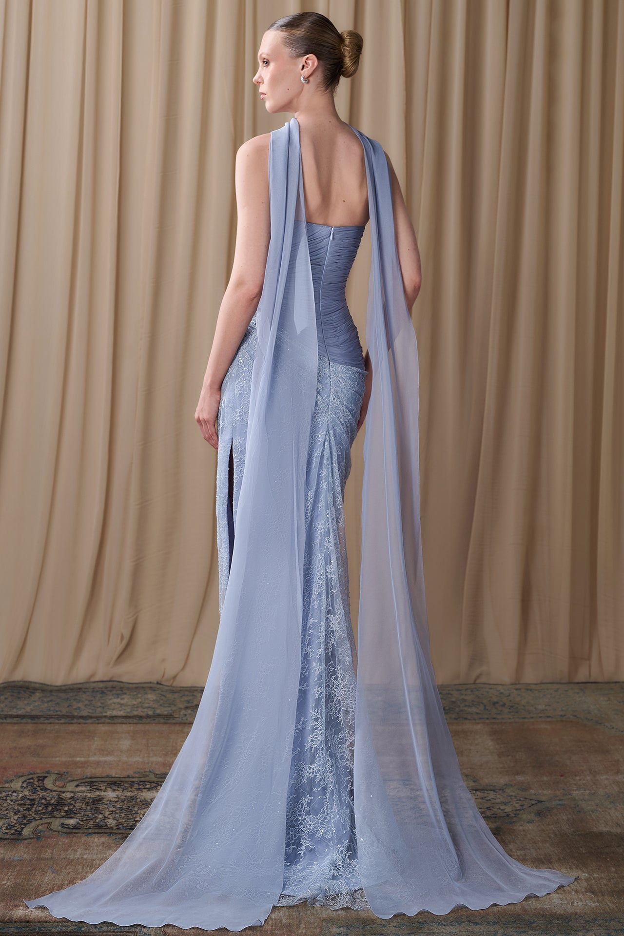 Draped One-Shoulder Chiffon Gown with Cape