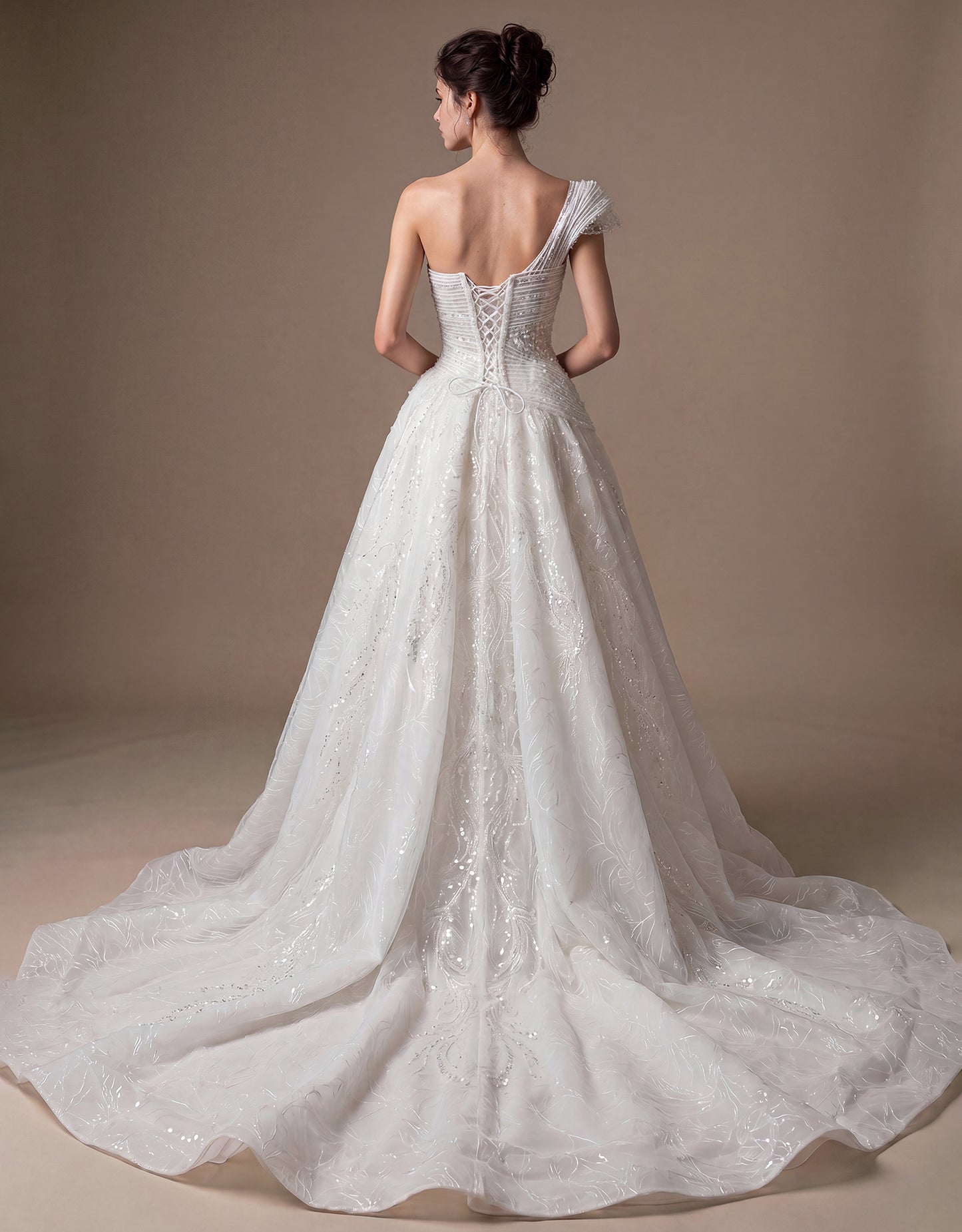 Draped Shoulder Bridal Gown with Detachable Overskirt