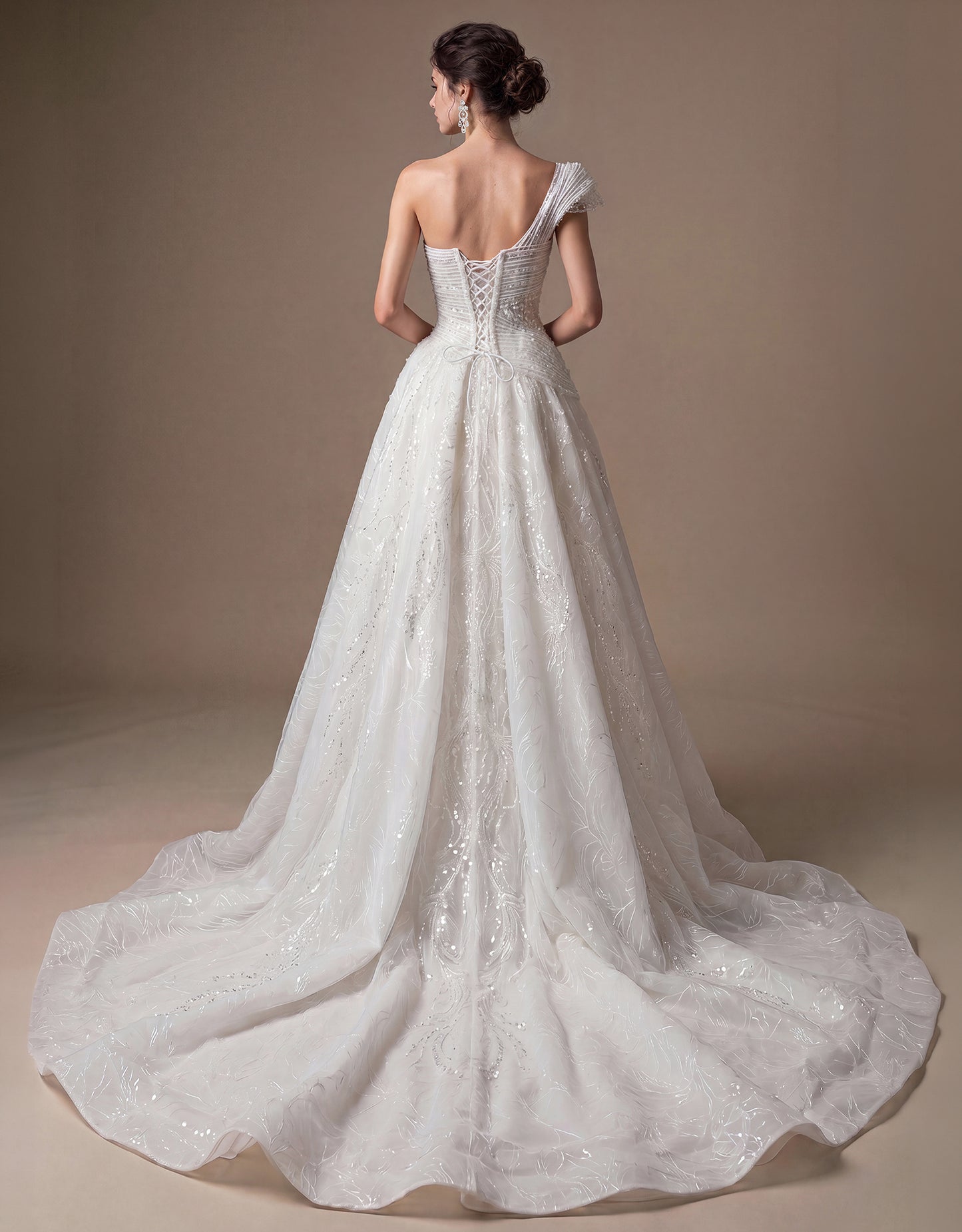 Draped Shoulder Bridal Gown with Detachable Overskirt