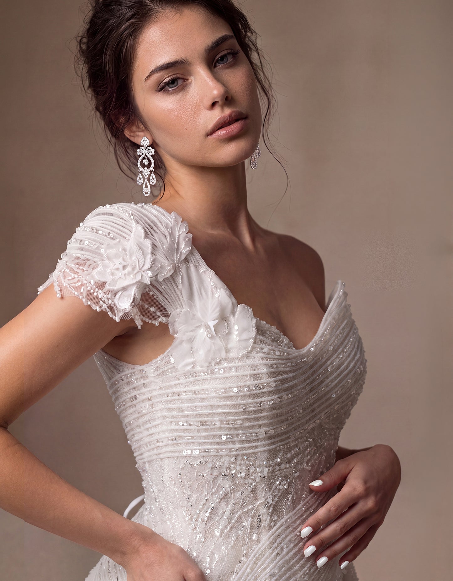 Draped Shoulder Bridal Gown with Detachable Overskirt