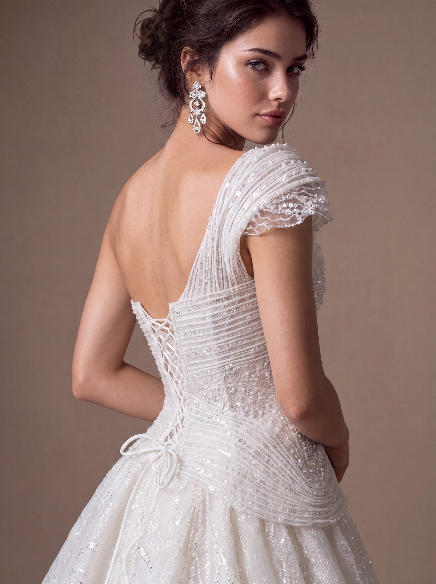 Draped Shoulder Bridal Gown with Detachable Overskirt