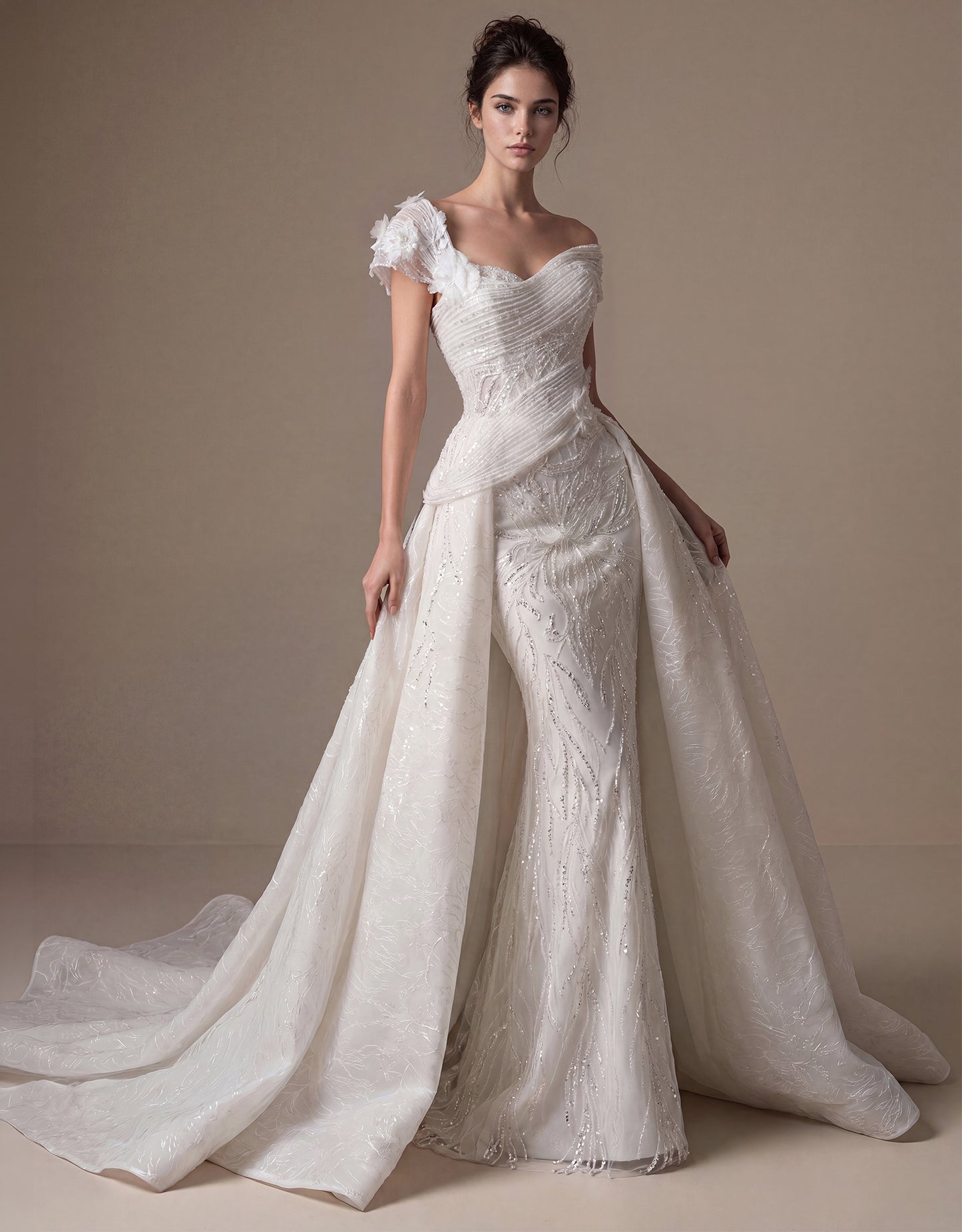 Draped Shoulder Bridal Gown with Detachable Overskirt